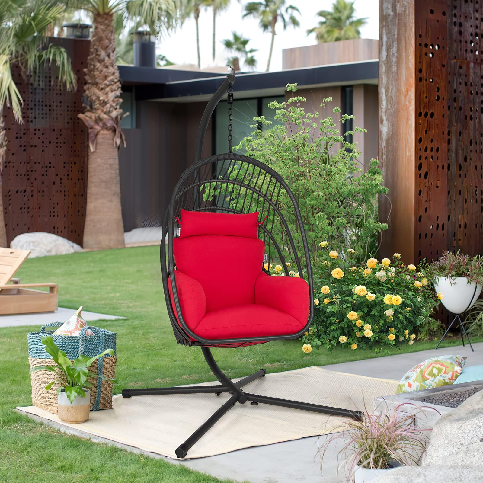 Tangkula Patio Egg Chair with Stand, Hanging Egg Swing Chair with Removable Pillow & Cushion