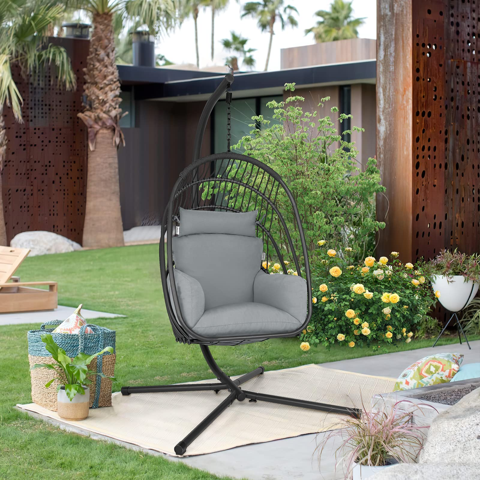 Tangkula Patio Egg Chair with Stand, Hanging Egg Swing Chair with Removable Pillow & Cushion