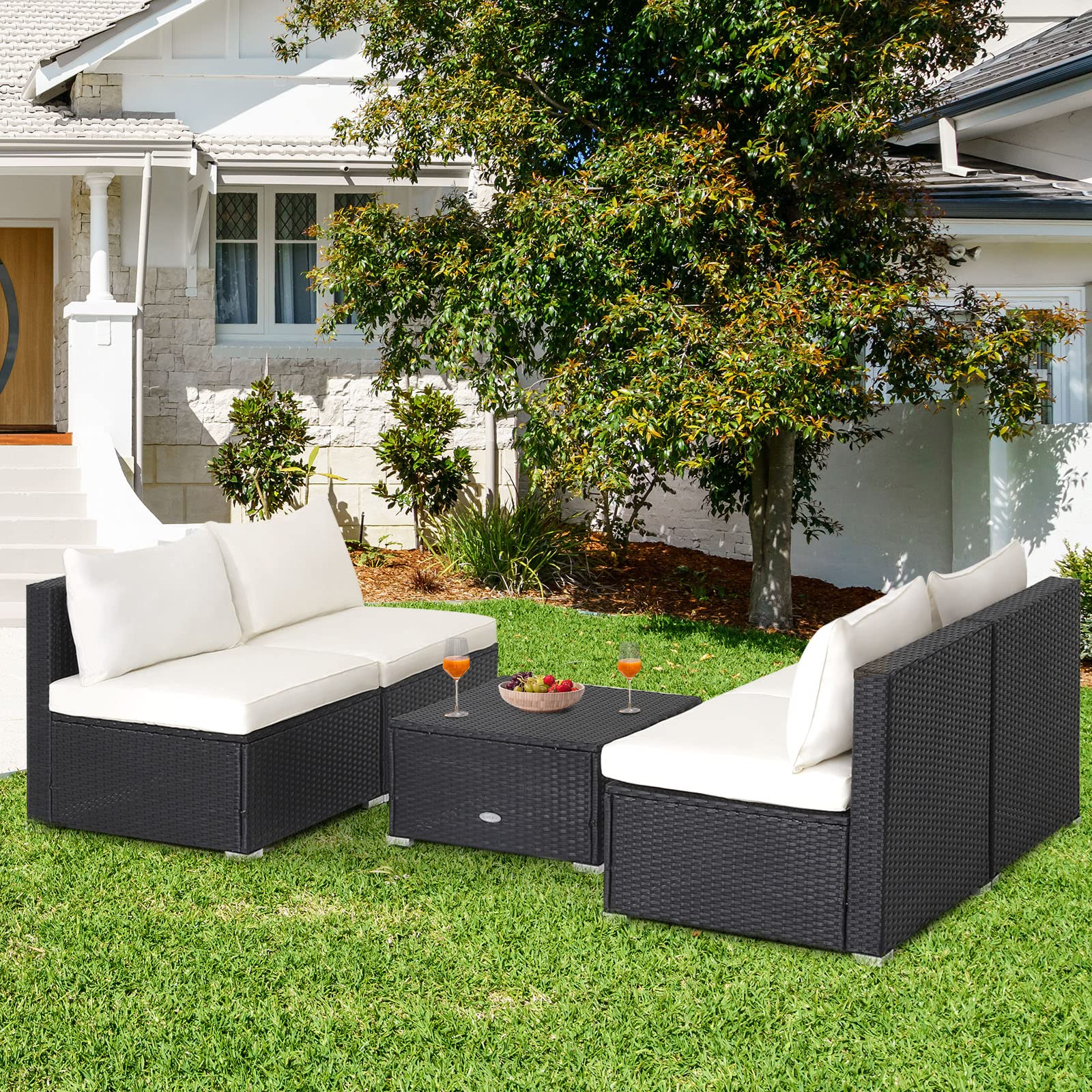 Tangkula 5-Piece Outdoor Patio Furniture Set, Patiojoy PE Wicker Conversation Set with Cushions and Coffee Table