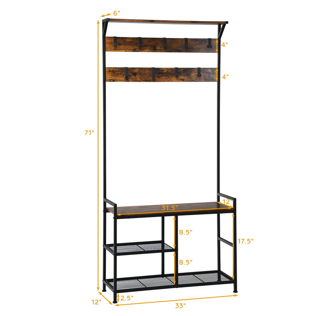 Tangkula Coat Rack Shoe Bench, 3-in-1 Industrial Hall Tree w/Storage Bench & 9 Hanging Hooks, 3-Tier Wood Look Entryway Bench w/Metal Frame