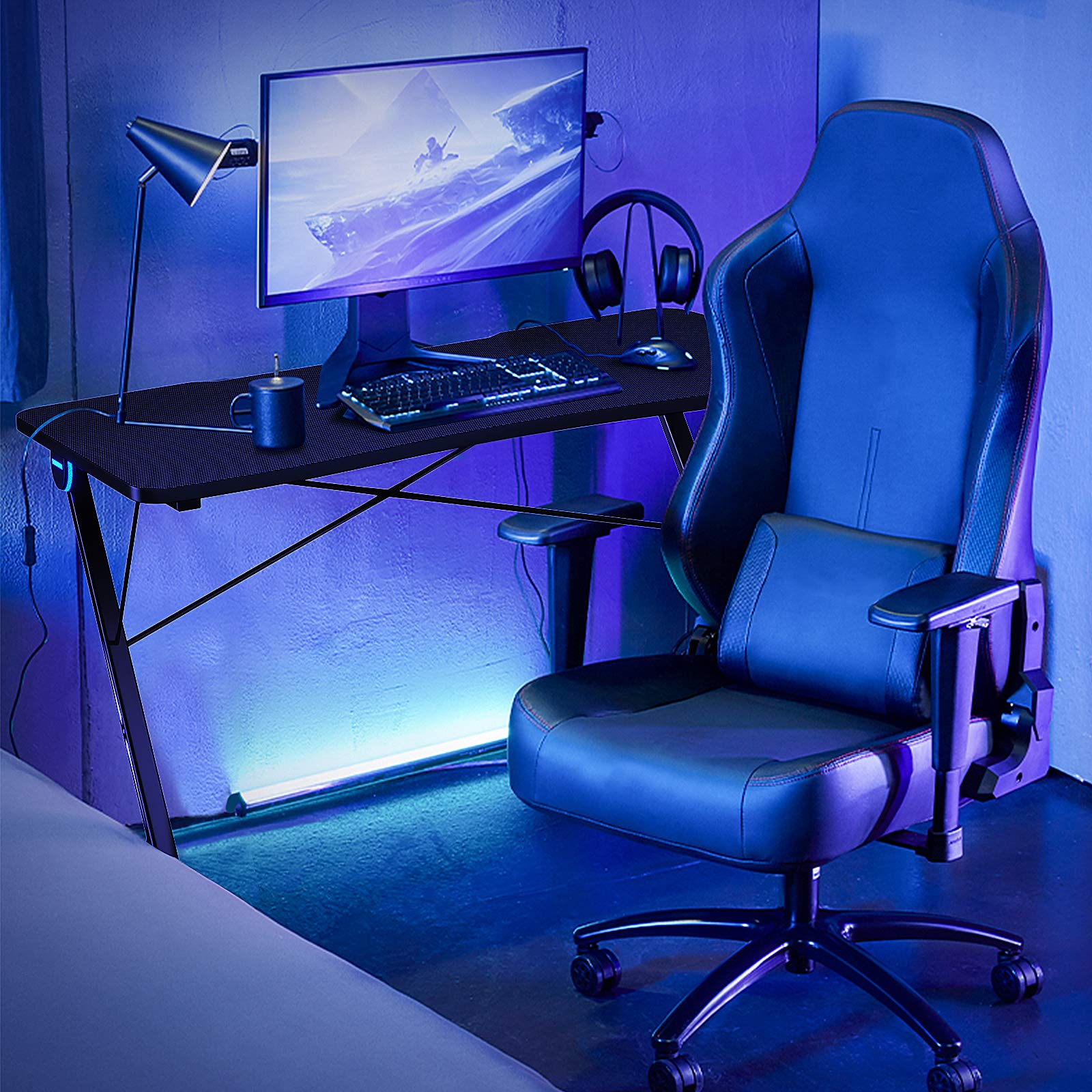 Tangkula Gaming Computer Desk, Z-Shaped Home Office Computer Table with LED Lights & Large Carbon Fiber Surface