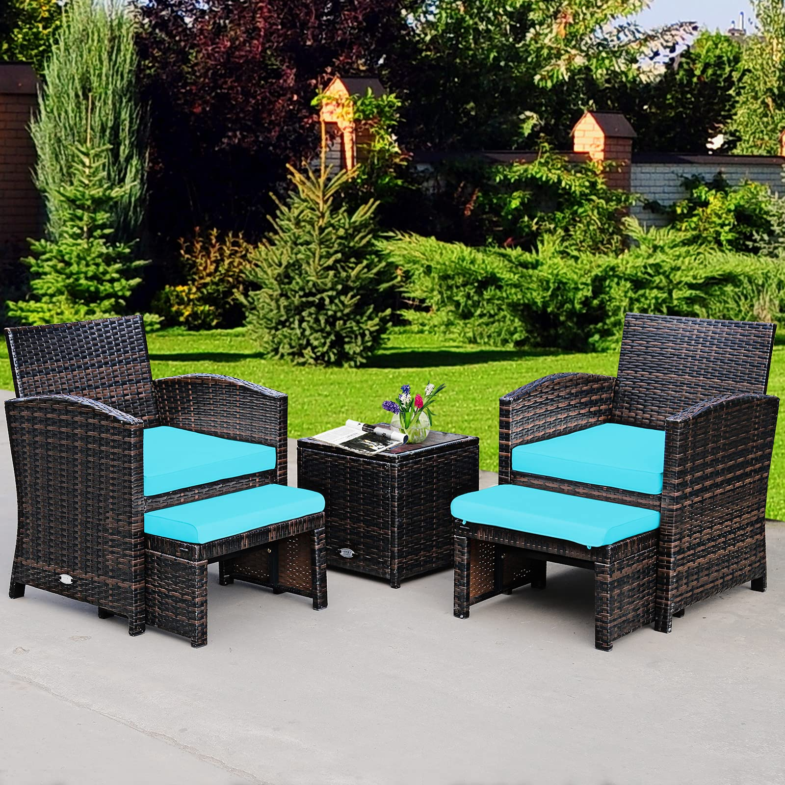 Tangkula 5 Pieces Patio Rattan Furniture Set, Outdoor Conversation Set