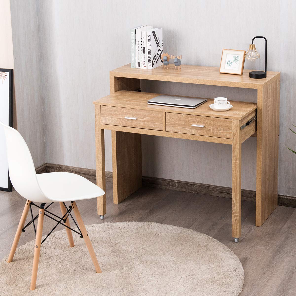 Extendable Computer Desk with 2 Drawers, Small Writing Desk with Pull Out Secondary Desk