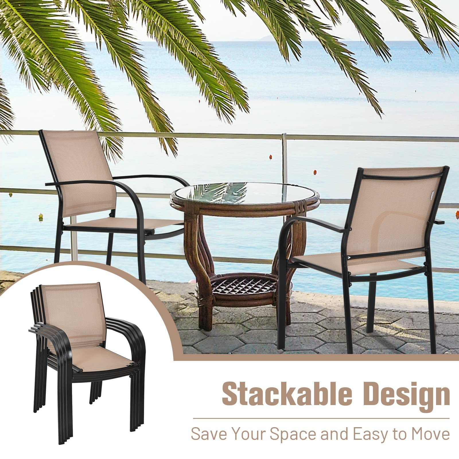 Tangkula Set of 2 Patio Dining Chairs, Outdoor Stackable Chairs with Armrests
