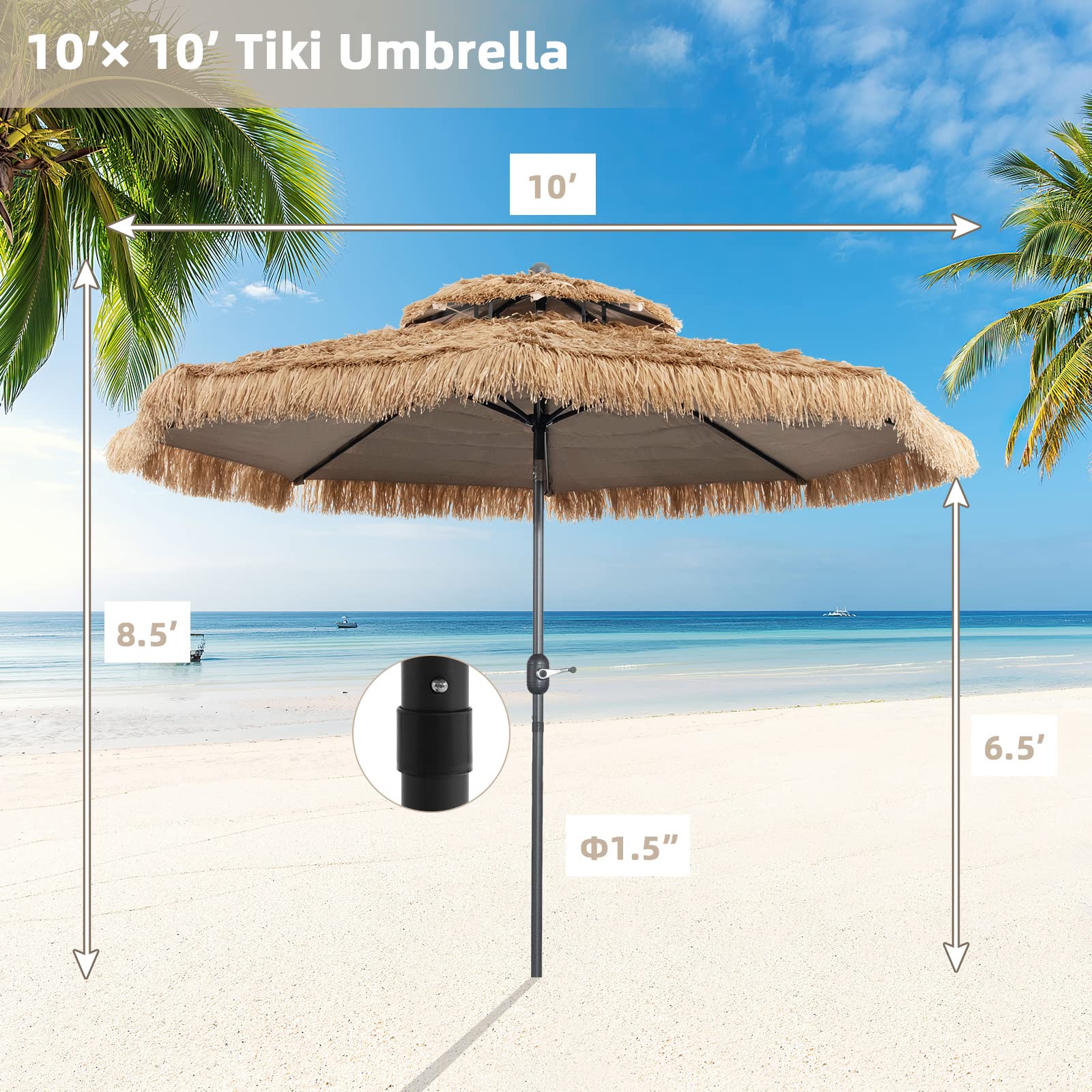 Tangkula 10 ft Thatched Patio Umbrella, 2 Tier Hawaiian Style Grass Beach Umbrella with 8 Ribs