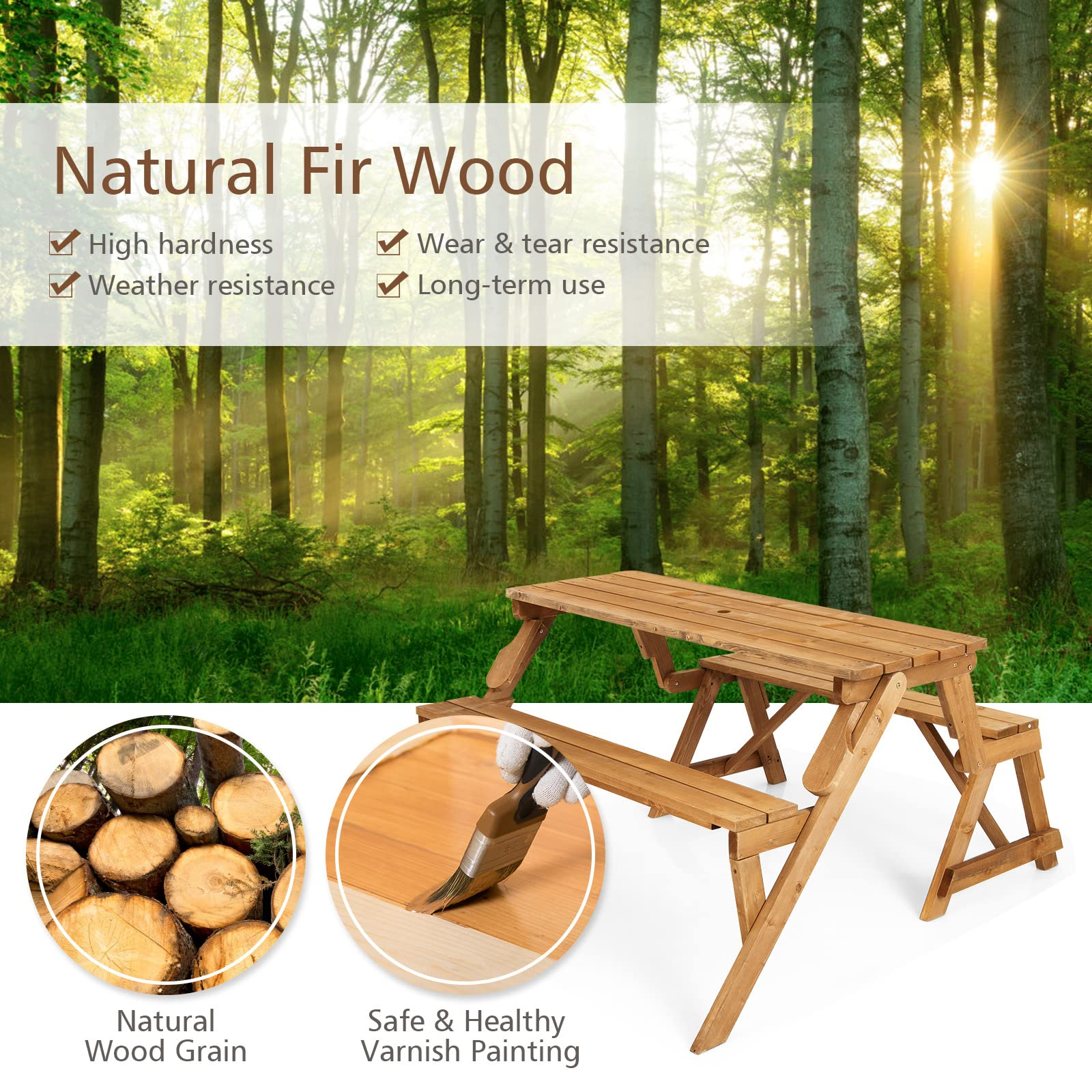 Tangkula 2-in-1 Convertible Wooden Picnic Table, Transforming Interchangeable Outdoor Bench Table with Umbrella Hole