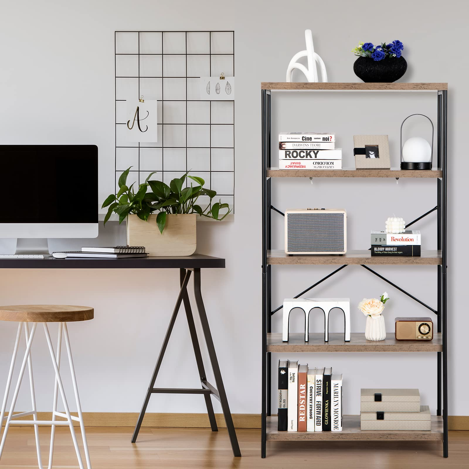 Tangkula 5-Tier Bookcase, Rustic Industrial Bookshelf