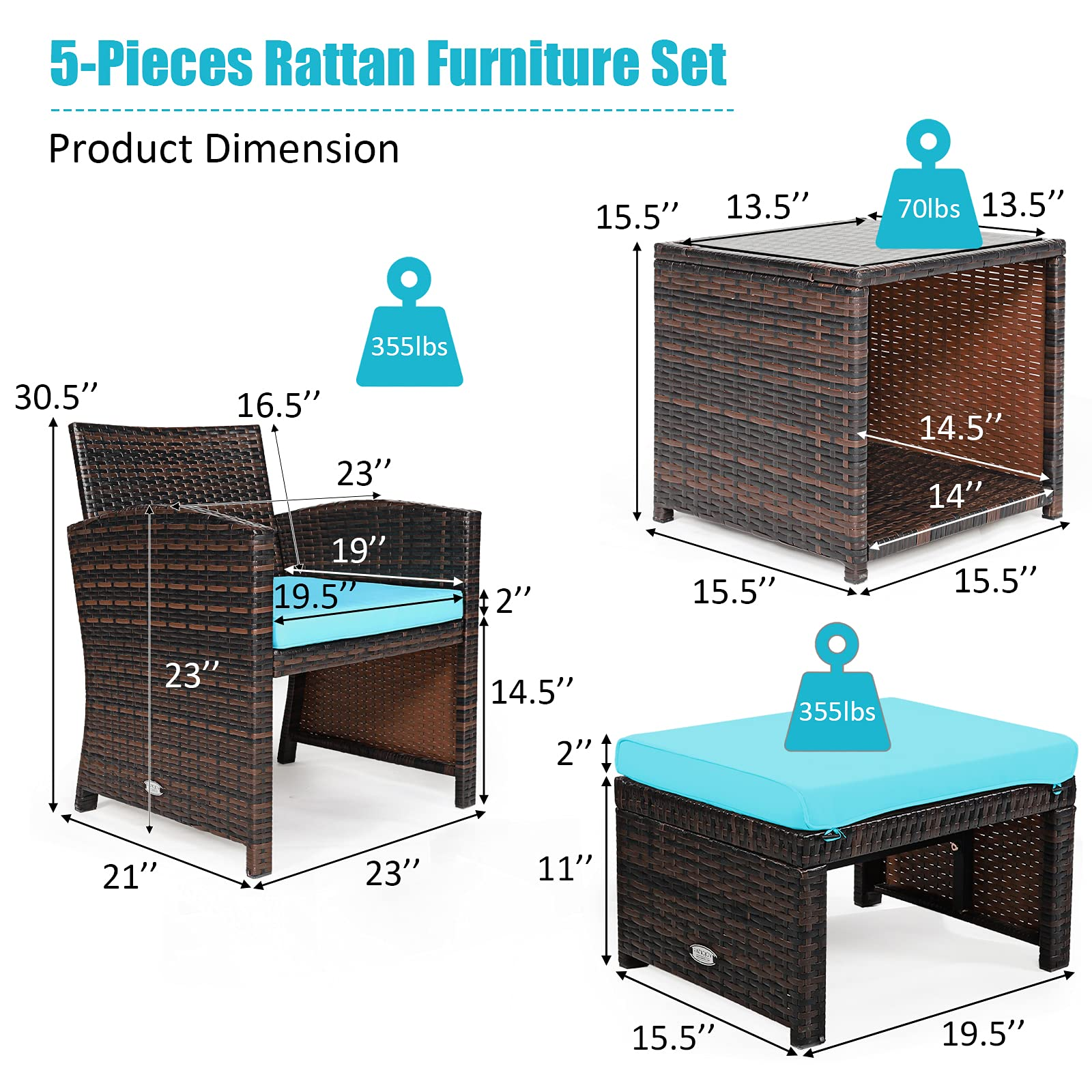 Tangkula 5 Pieces Patio Rattan Furniture Set, Outdoor Conversation Set