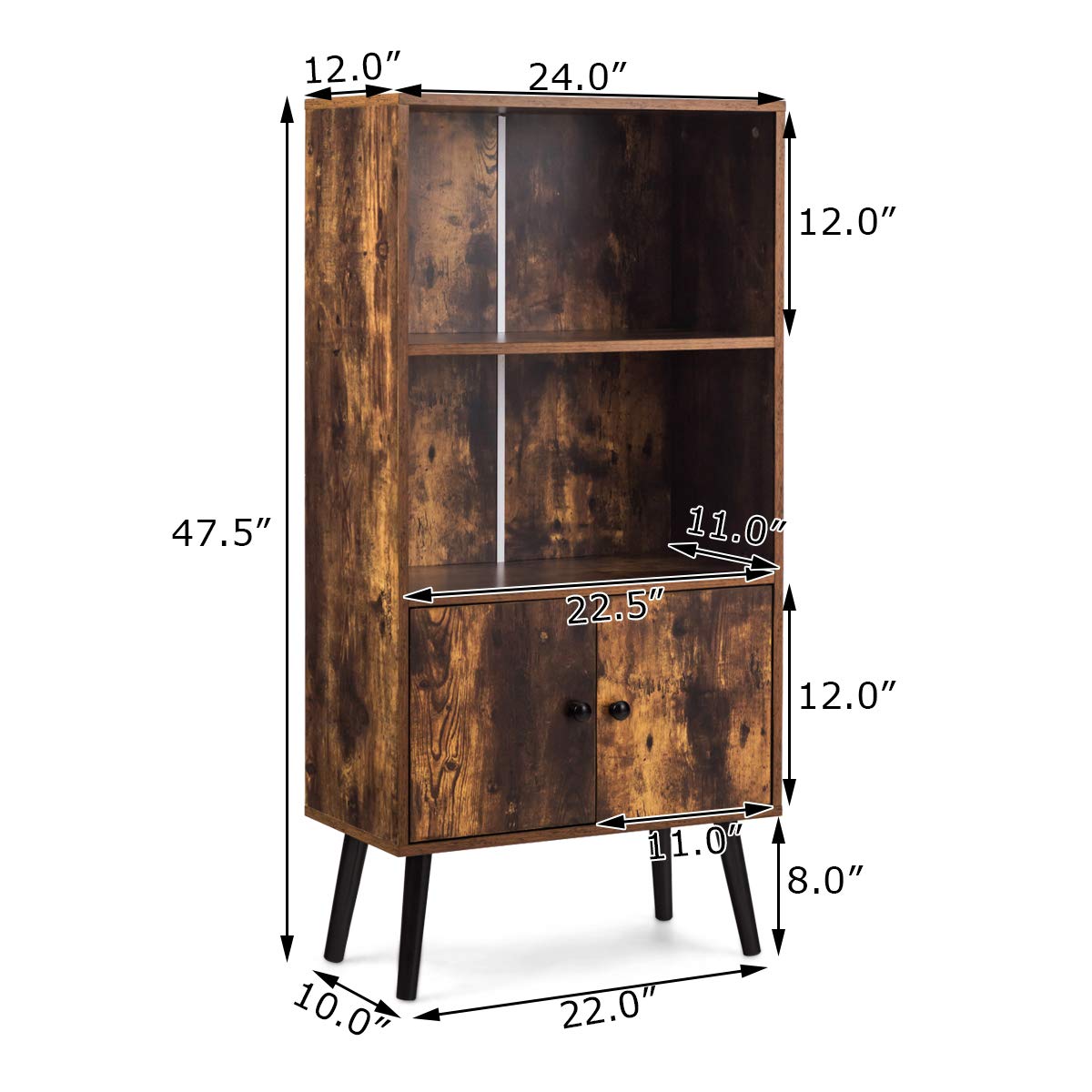 Tangkula Retro Bookcase, Industrial 2 Tier Bookshelf with Doors & Solid Wood Legs(Rustic Brown)