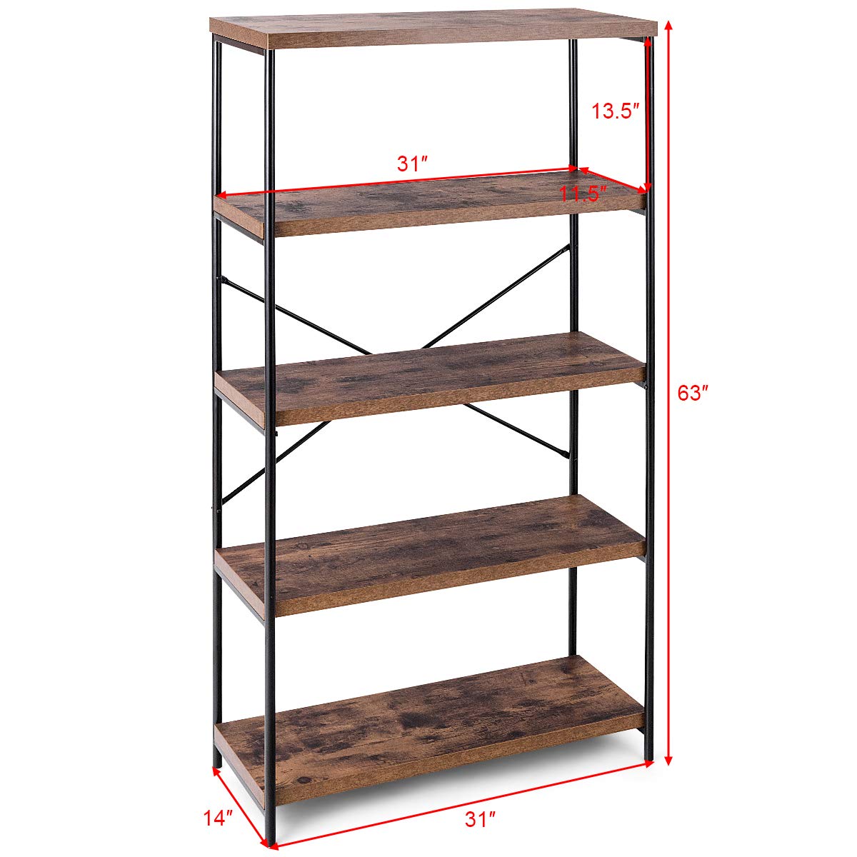 Tangkula 5-Tier Bookcase, Rustic Industrial Bookshelf