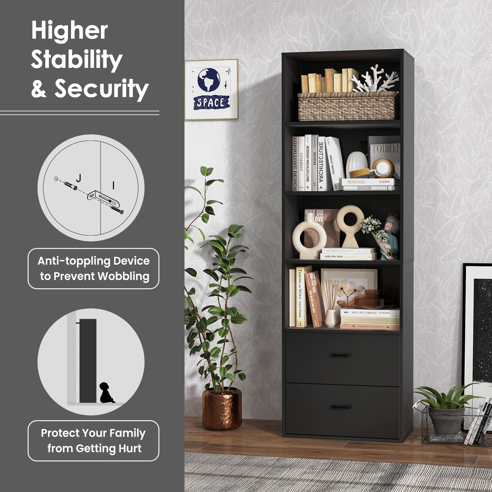 Tangkula 4 Shelf Bookcase with 2 Drawers, 74 Inches 4 Tiers Tall Open Bookshelf with 2 Slide-Out Drawers