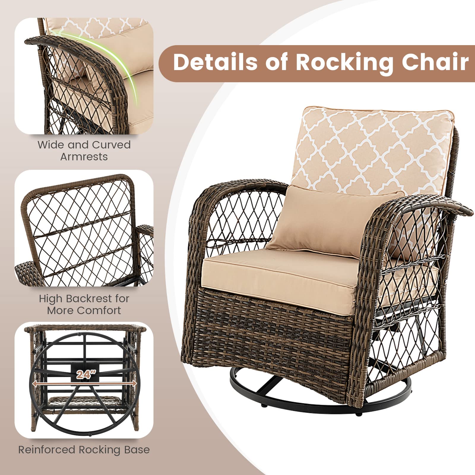 Tangkula 3-Piece Patio Swivel Rocker Set, Wicker Swivel Rocking Chairs