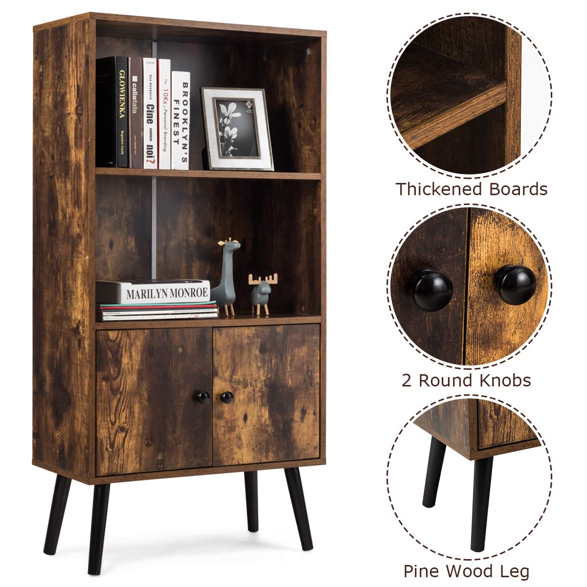 Tangkula Retro Bookcase, Industrial 2 Tier Bookshelf with Doors & Solid Wood Legs(Rustic Brown)