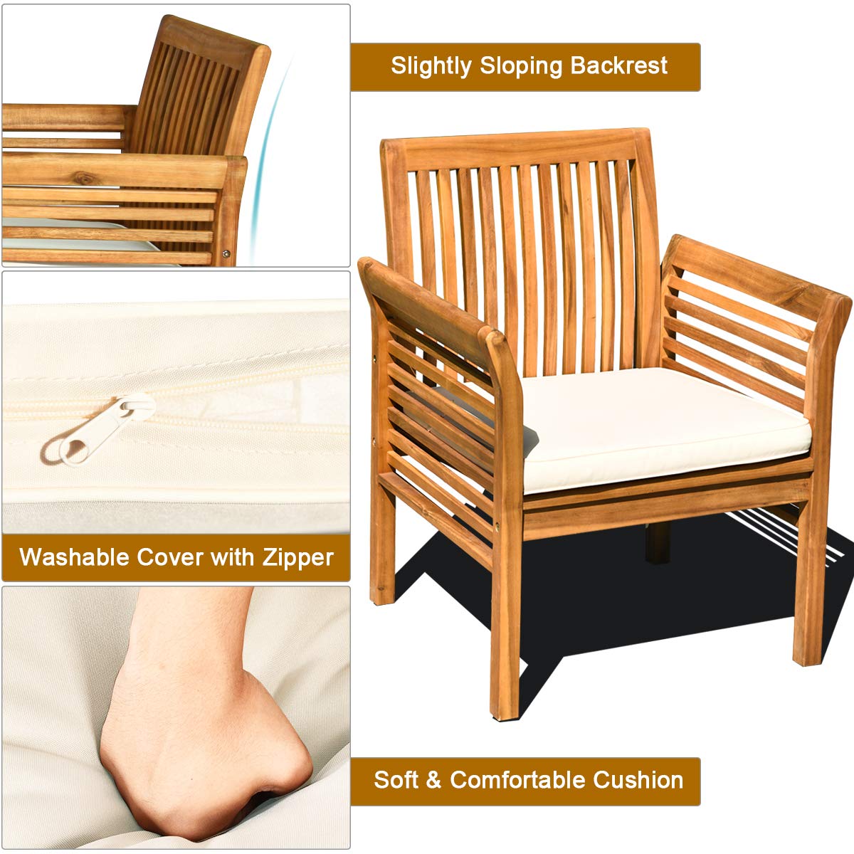 Tangkula 4 Piece Outdoor Acacia Wood Sofa Set, Padded Patio Conversation Table Chair Set