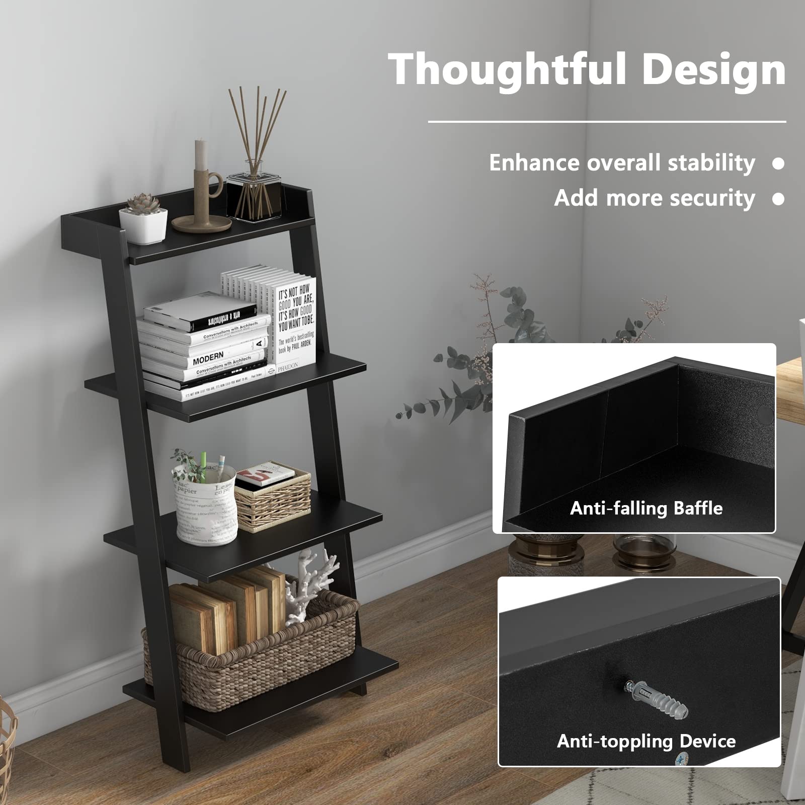 Tangkula 4 Tier Ladder Shelf, Leaning Bookshelf with Solid Wooden Frame