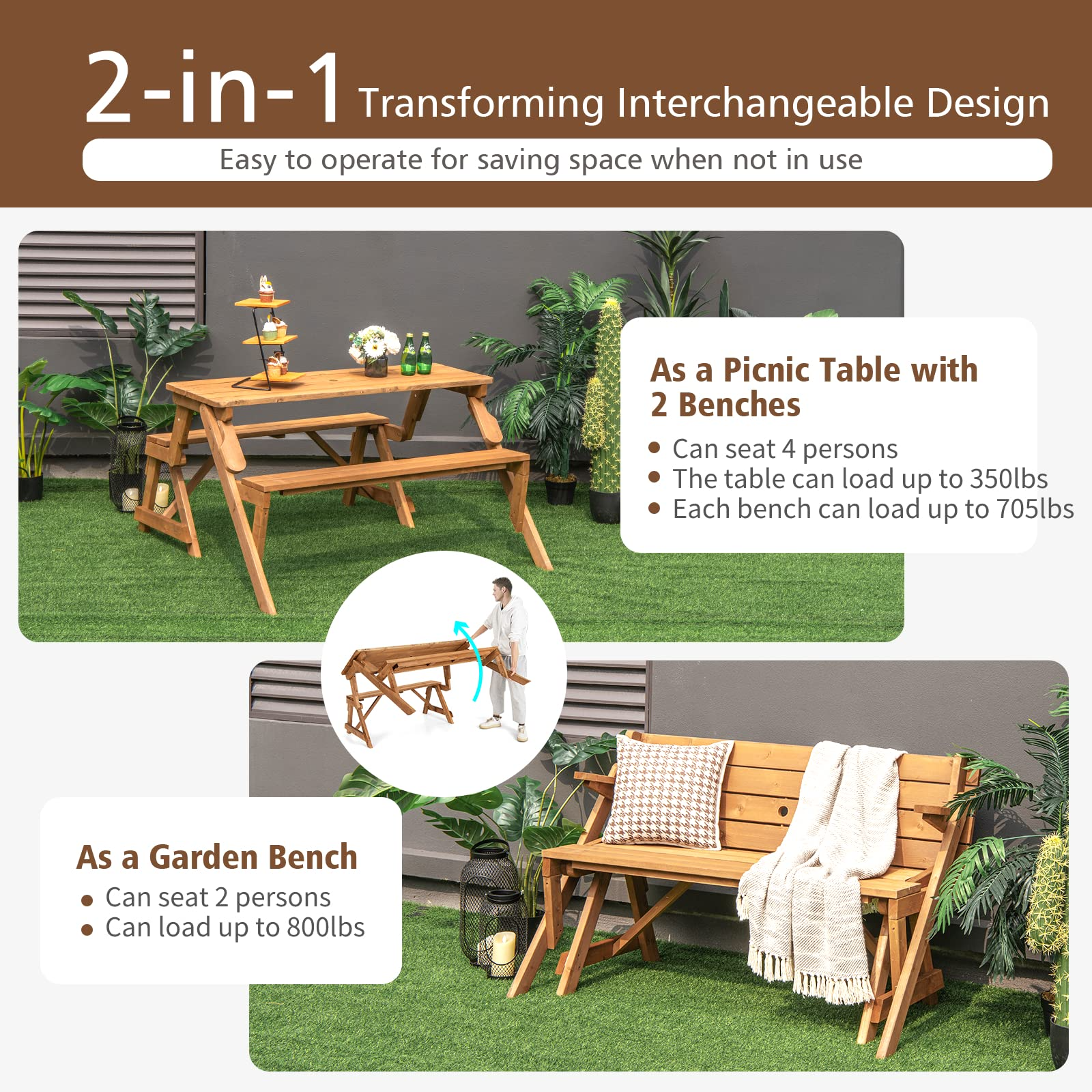 Tangkula 2-in-1 Convertible Wooden Picnic Table, Transforming Interchangeable Outdoor Bench Table with Umbrella Hole