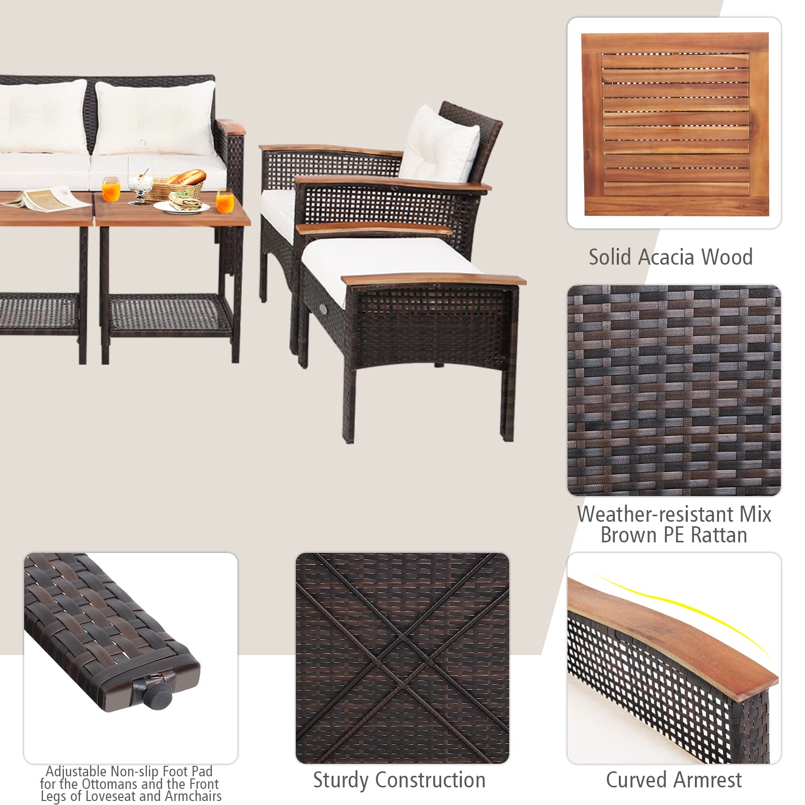 Tangkula 7 Piece Wicker Patio Furniture Set, Patiojoy Acacia Wood Patio Conversation Set (Off White)