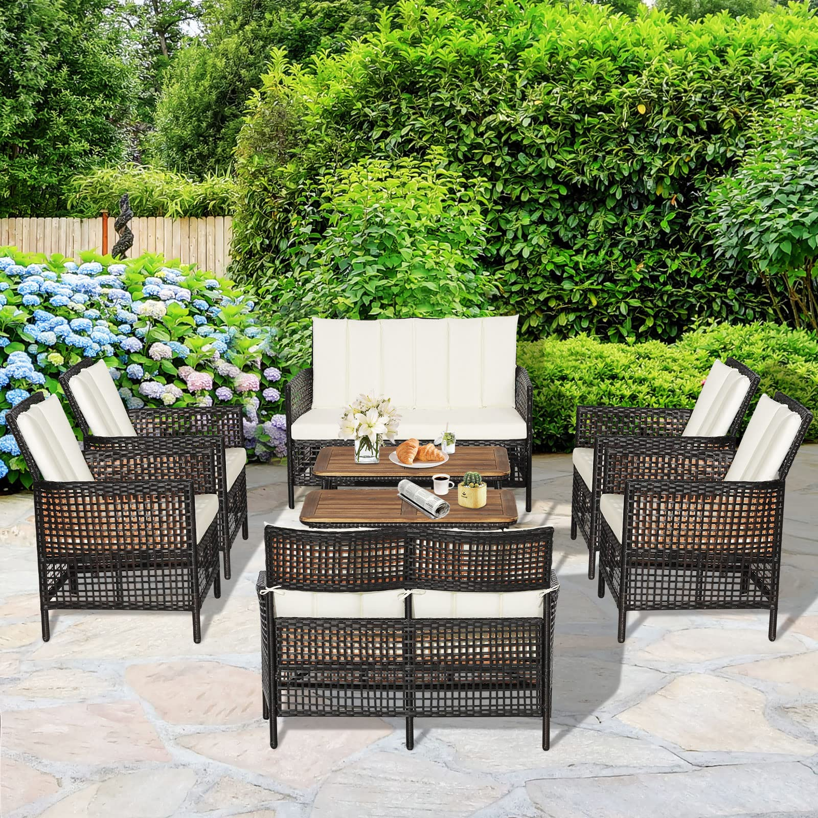 Tangkula Outdoor PE Wicker Conversation Set with 2-Tier Coffee Table