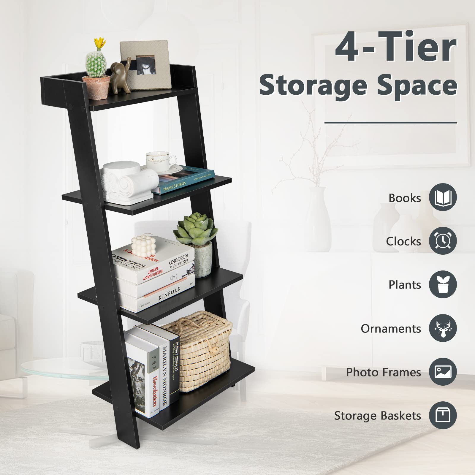 Tangkula 4 Tier Ladder Shelf, Leaning Bookshelf with Solid Wooden Frame