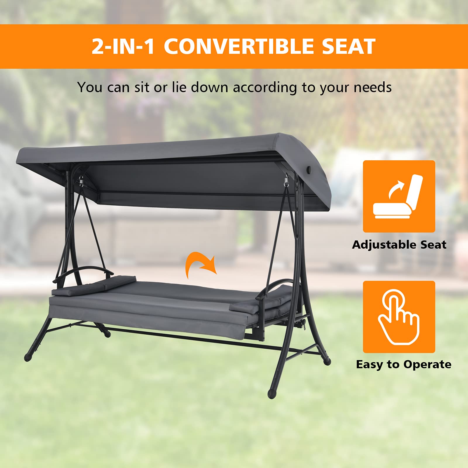 2-in-1 Convertible Porch Swing, 3-Seater Patio Swing with Adjustable Tilt Canopy