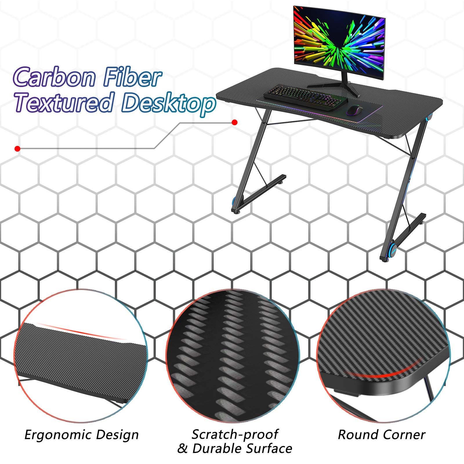 Tangkula Gaming Computer Desk, Z-Shaped Home Office Computer Table with LED Lights & Large Carbon Fiber Surface