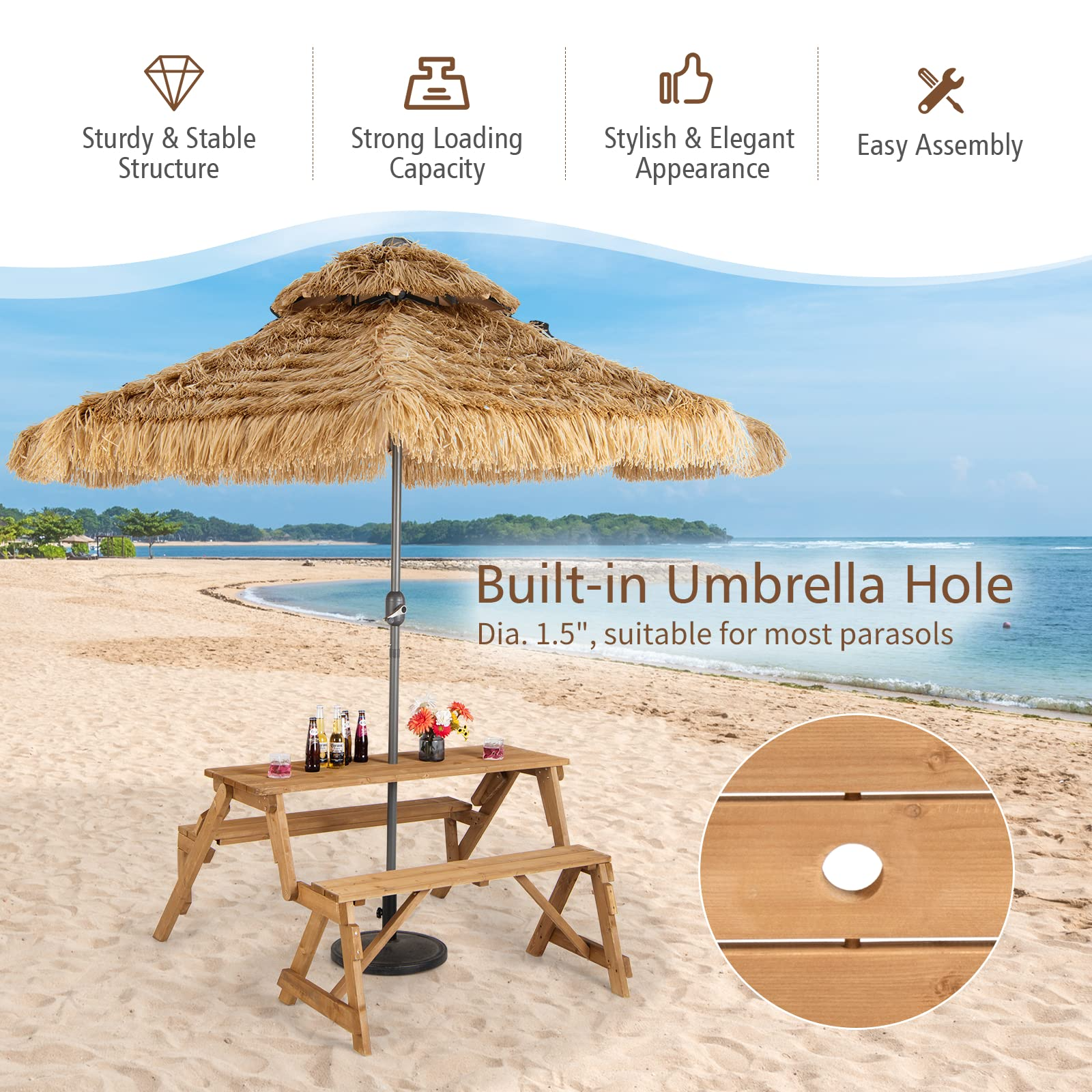 Tangkula 2-in-1 Convertible Wooden Picnic Table, Transforming Interchangeable Outdoor Bench Table with Umbrella Hole