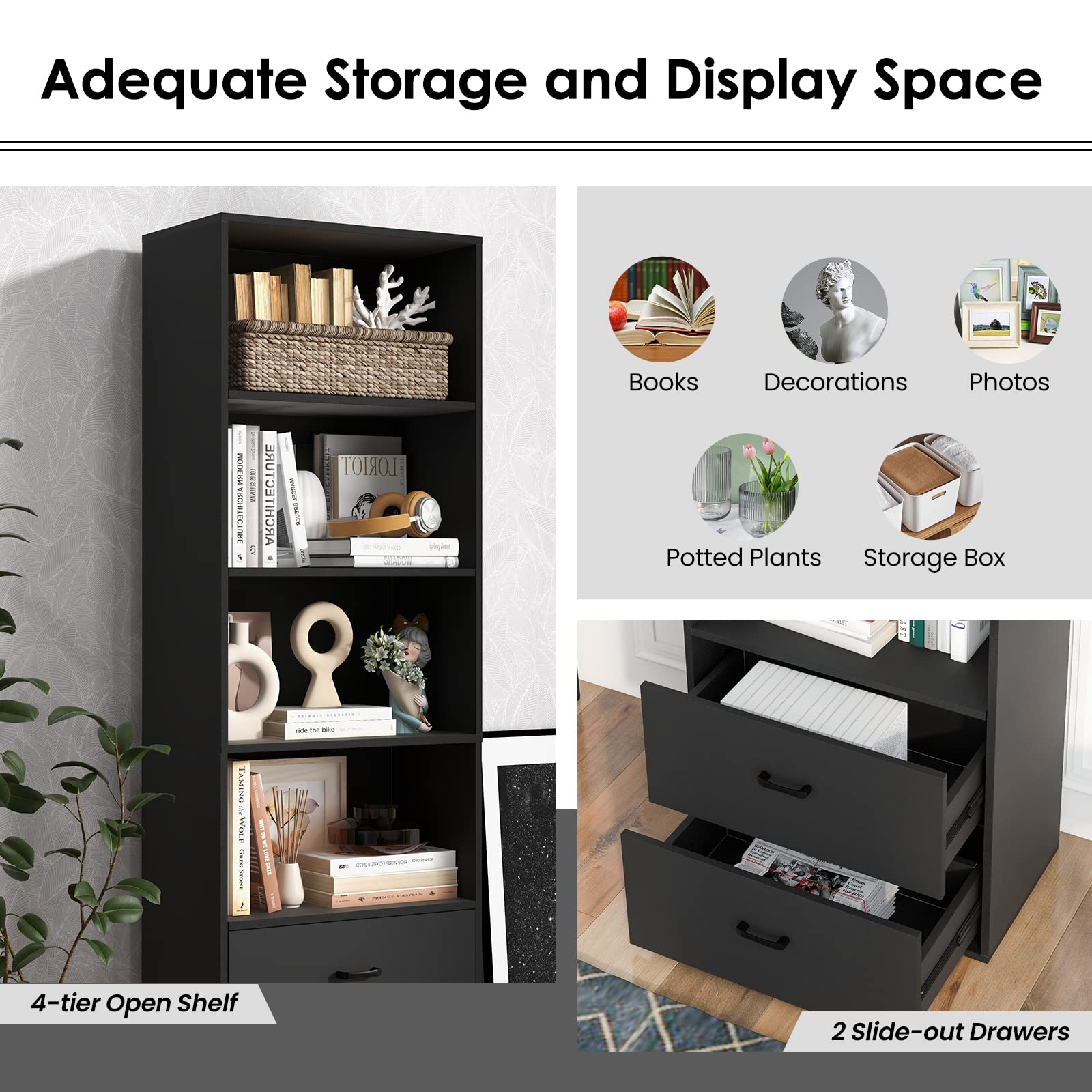 Tangkula 4 Shelf Bookcase with 2 Drawers, 74 Inches 4 Tiers Tall Open Bookshelf with 2 Slide-Out Drawers