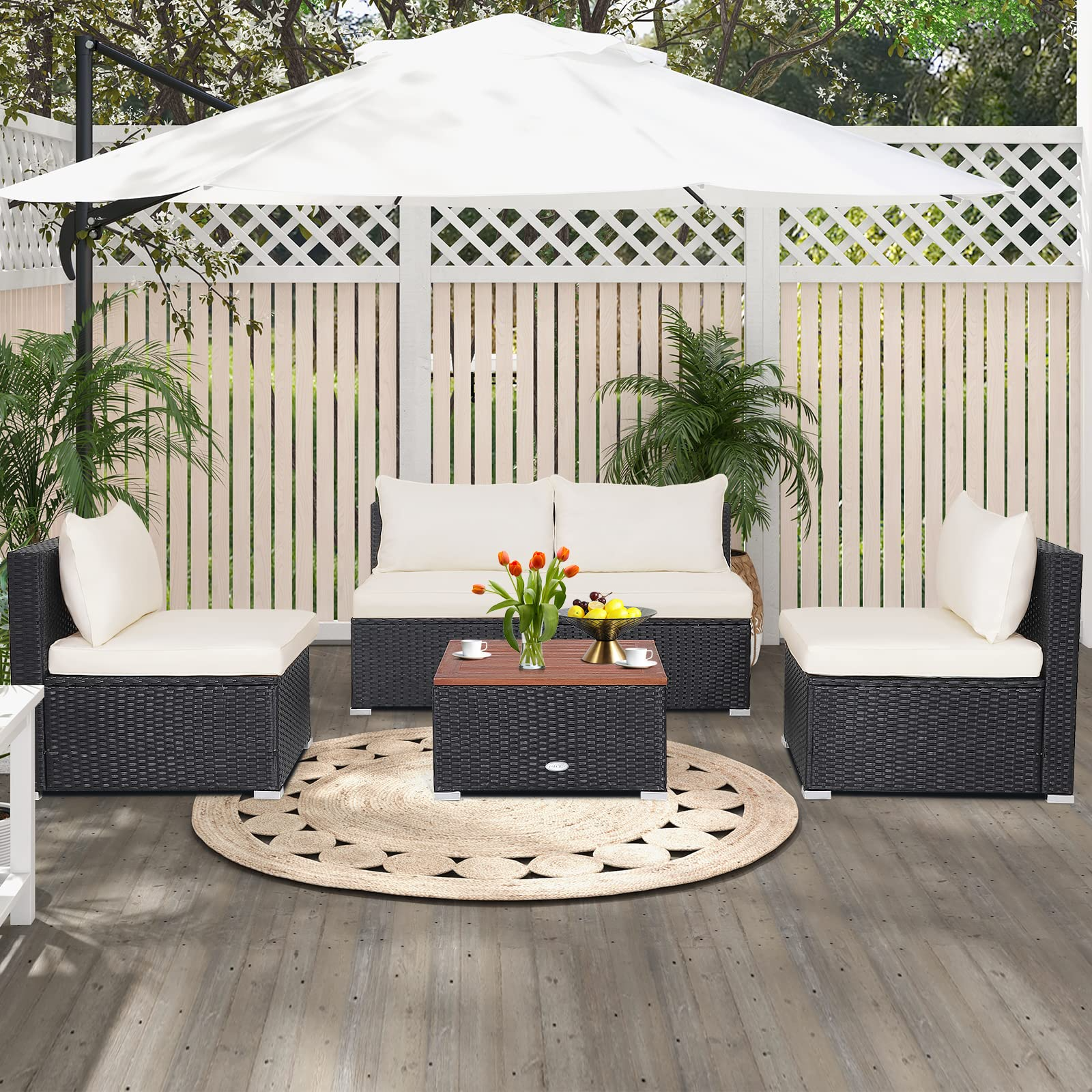 Tangkula 5-Piece Outdoor Patio Furniture Set, Patiojoy PE Wicker Conversation Set with Cushions and Coffee Table