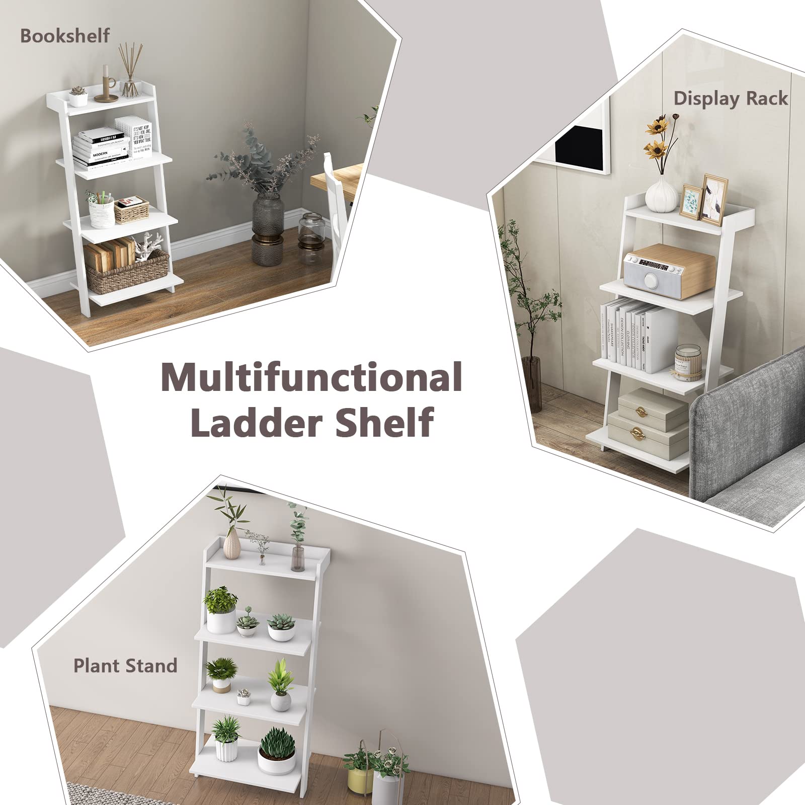 Tangkula 4 Tier Ladder Shelf, Leaning Bookshelf with Solid Wooden Frame