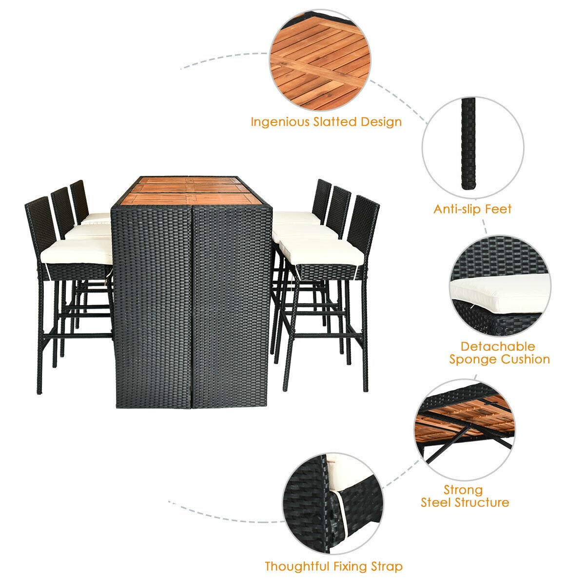 7 PCS Outdoor Dining Set, Patio Wicker Furniture Set with Acacia Wood Table Top and Removable Cushion
