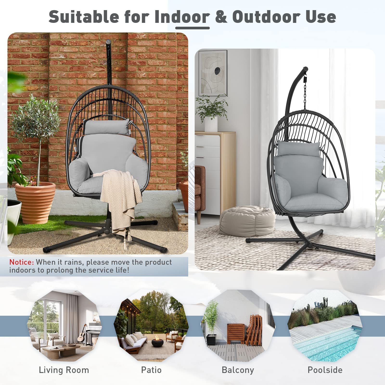 Tangkula Patio Egg Chair with Stand, Hanging Egg Swing Chair with Removable Pillow & Cushion