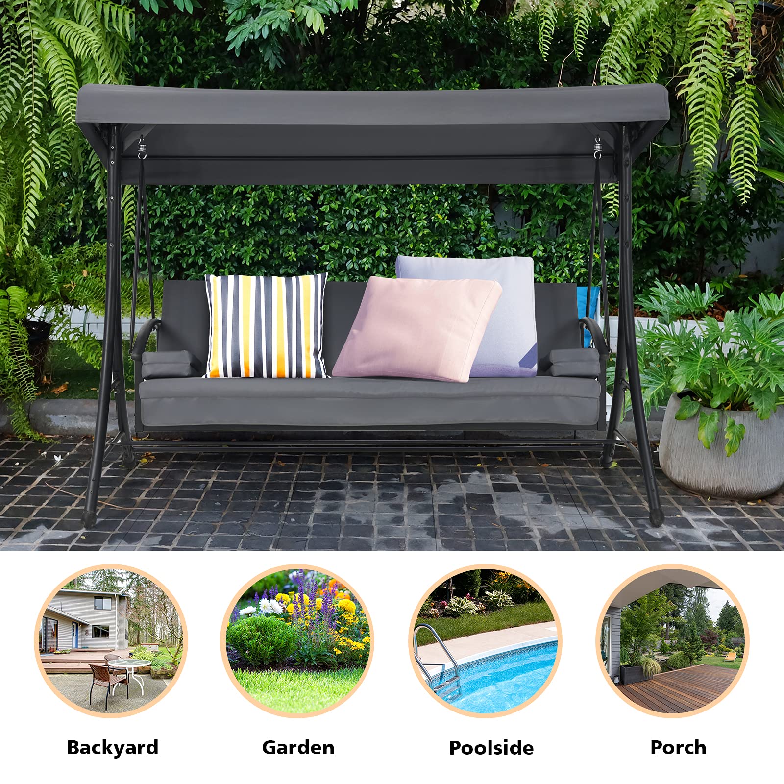 2-in-1 Convertible Porch Swing, 3-Seater Patio Swing with Adjustable Tilt Canopy