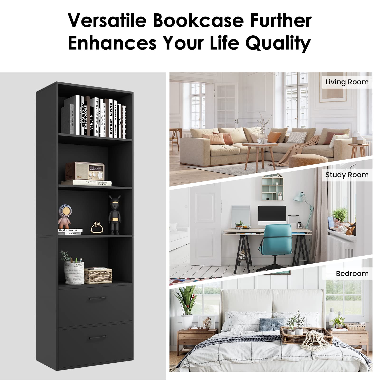 Tangkula 4 Shelf Bookcase with 2 Drawers, 74 Inches 4 Tiers Tall Open Bookshelf with 2 Slide-Out Drawers