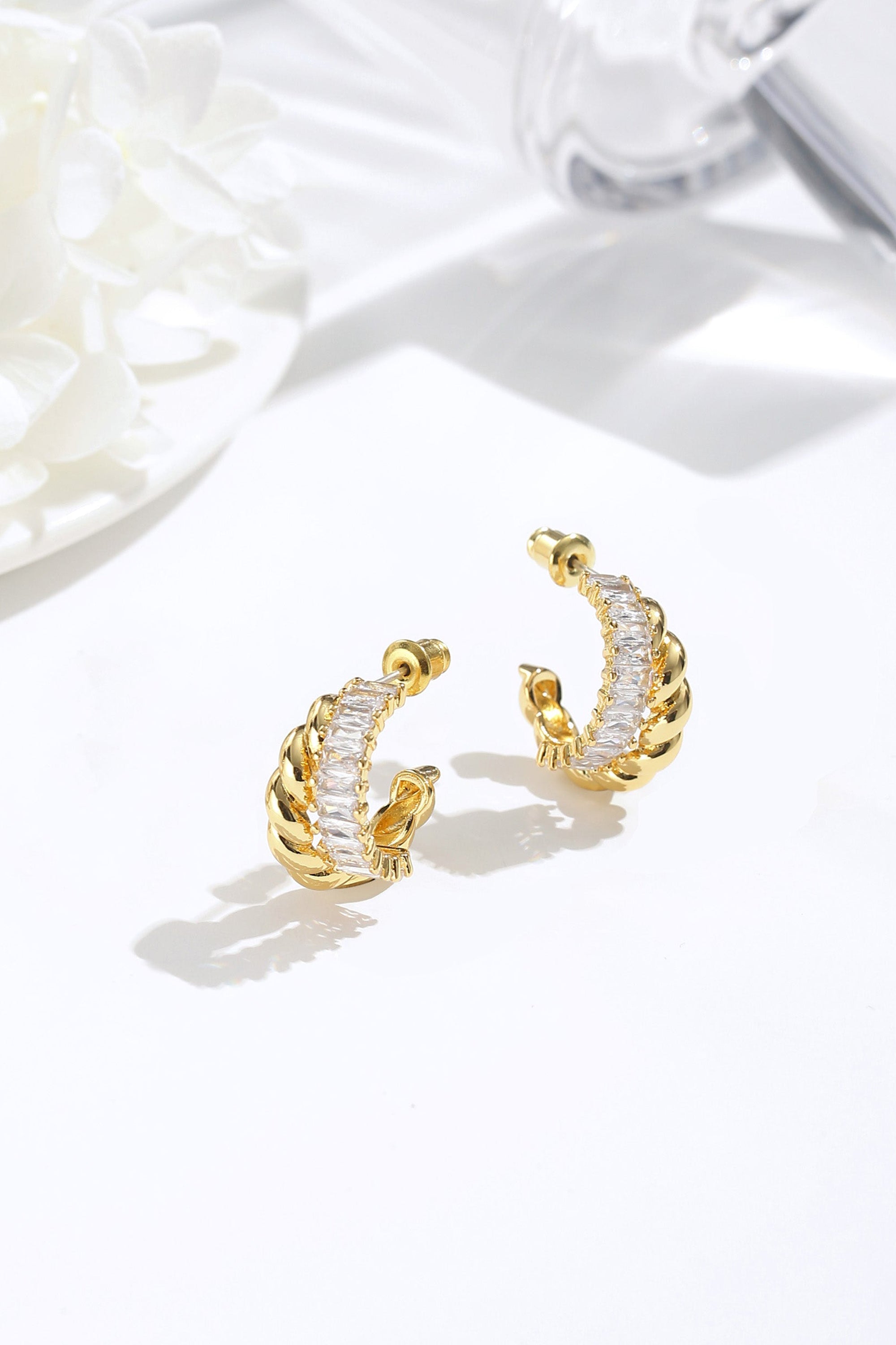 Classicharms Gold Twisted White Clear Zirconia Hoop Earrings