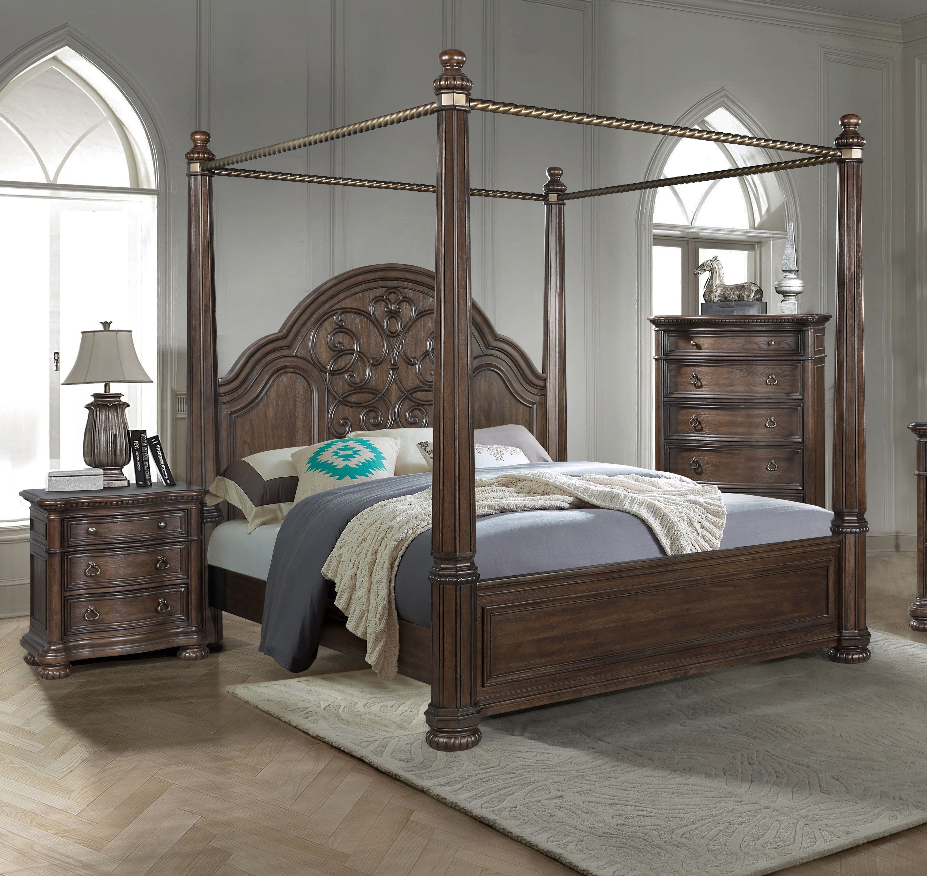 Finch Warm Mahogany 4pc Queen Canopy Bedroom Set With Marble Nightstand