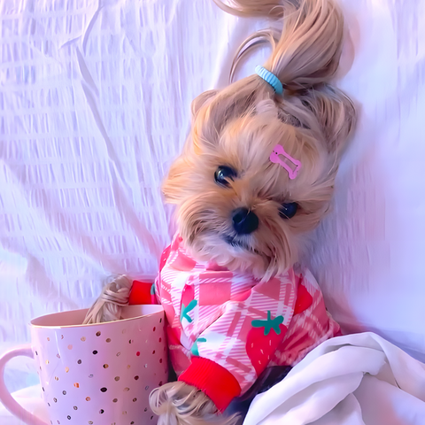 Yorkie puppy feeling cozy in cute pajamas