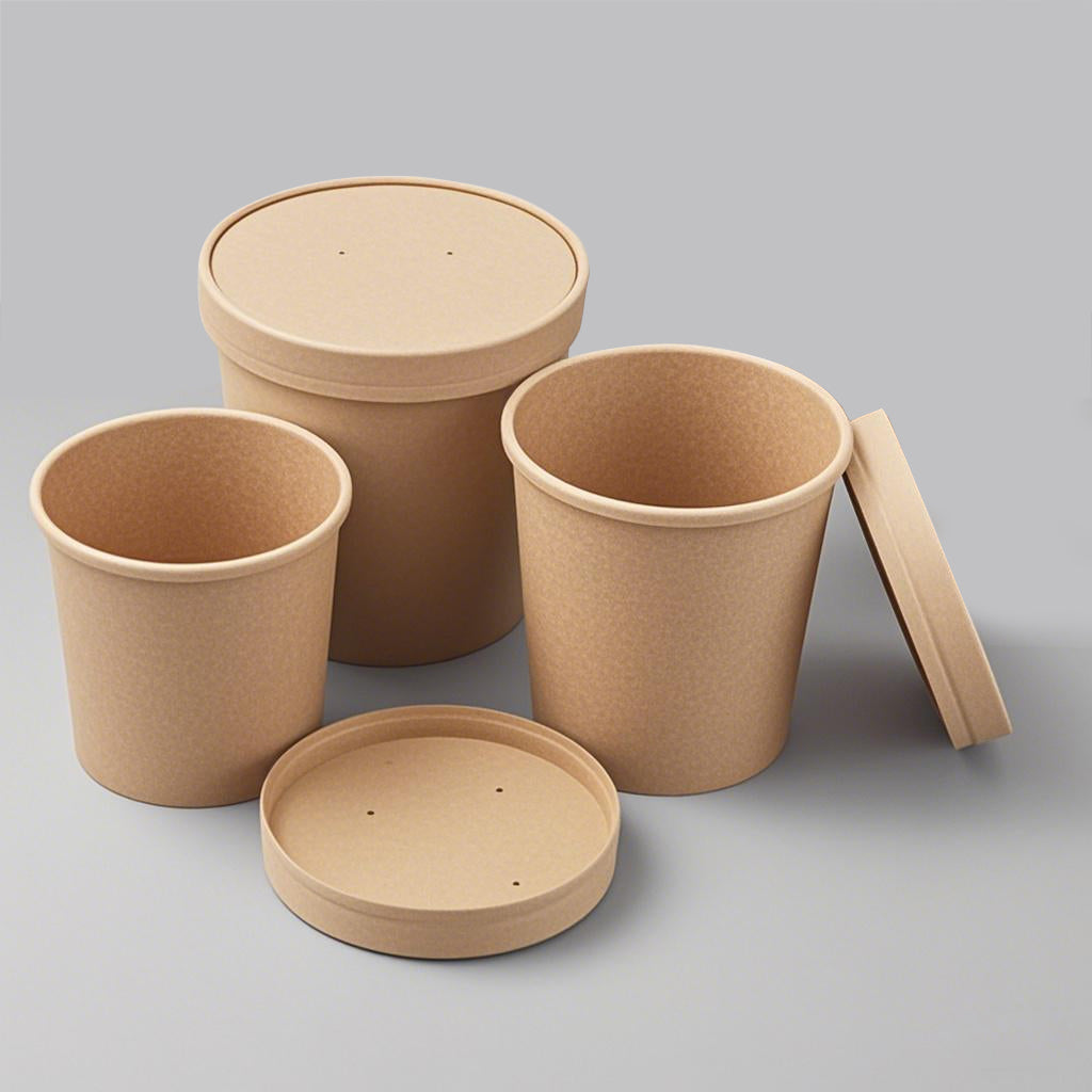 Several kraft paper buckets with lids, suitable for food storage or takeaway.