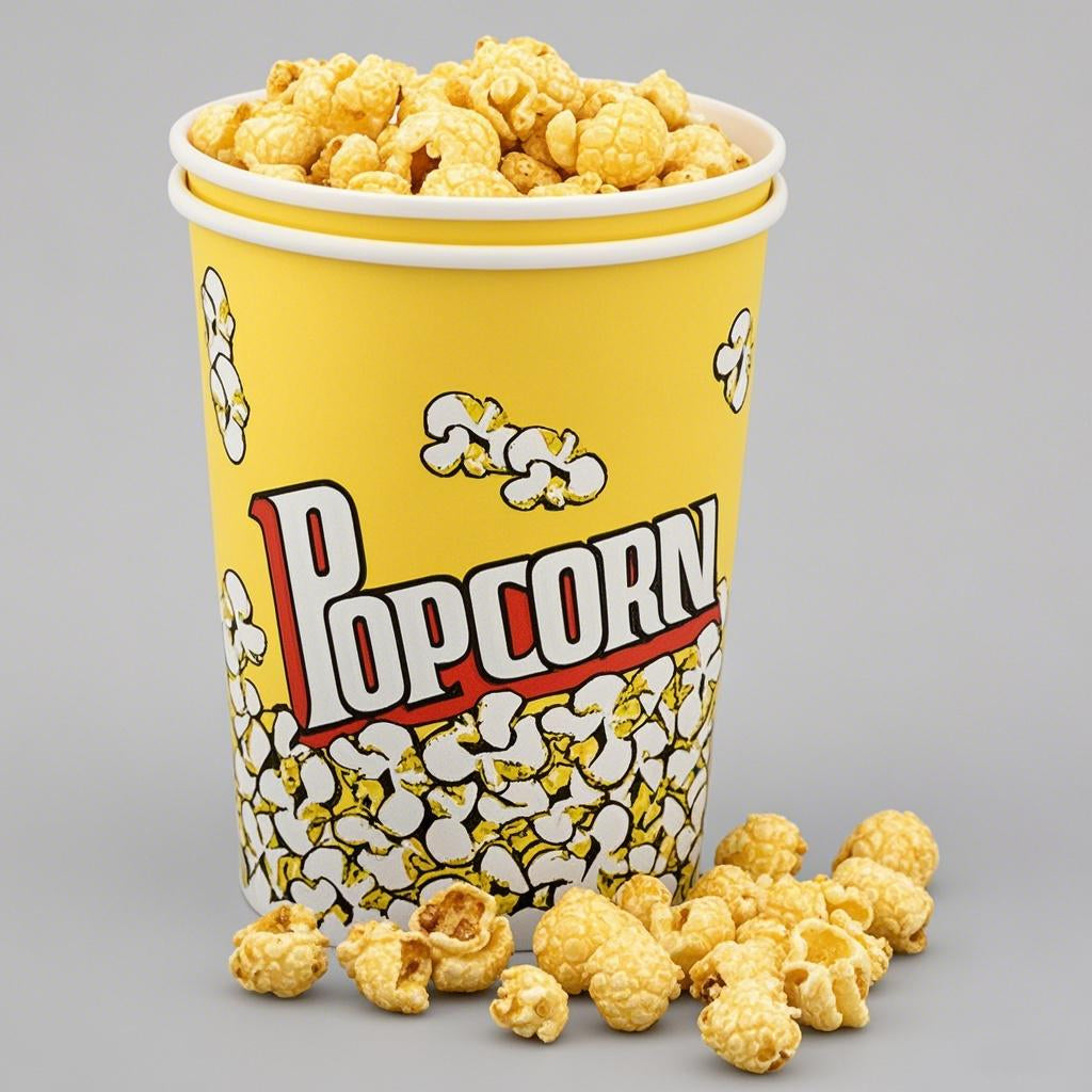 Yellow paper bucket with popcorn graphics, filled with popcorn.