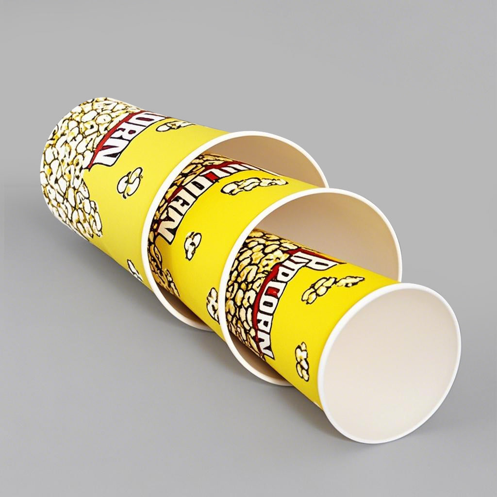 Stacked yellow paper buckets with popcorn graphics and text, designed for serving popcorn or snacks.