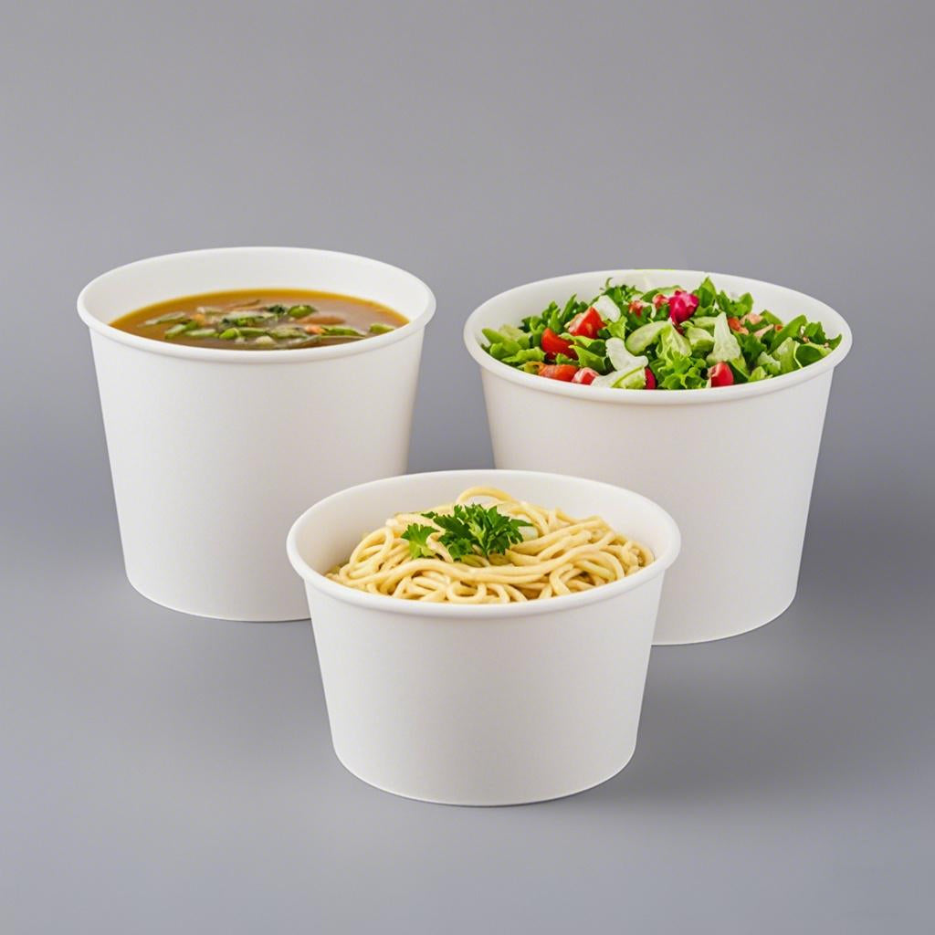 White paper buckets filled with soup, salad, and noodles, ideal for takeout or food service packaging.
