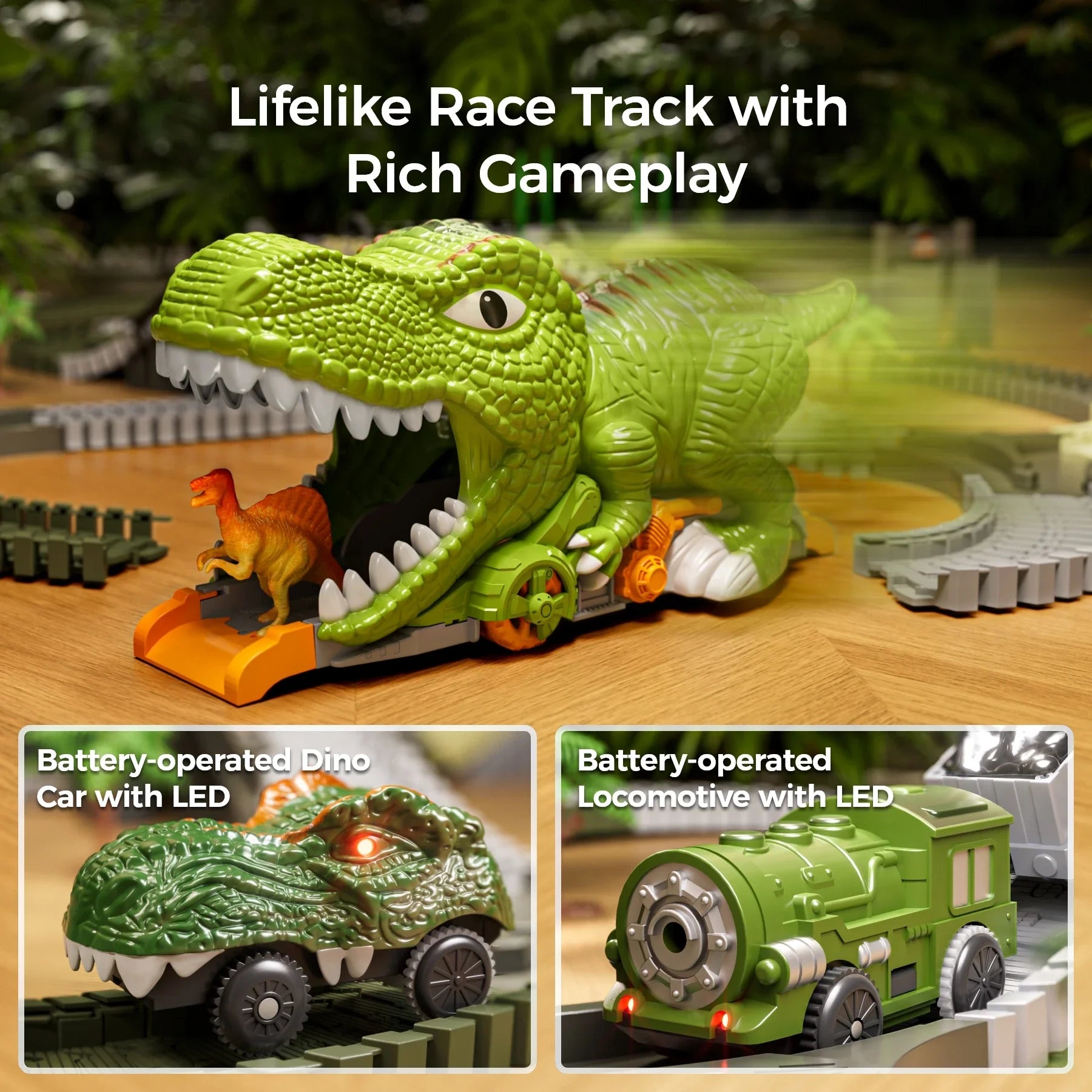 Dinosaur toys race track, 281 Pcs dinosaur train toys, flexible train tracks with dinosaurs figures, electric cars, playset for toddler kids 3 Years+