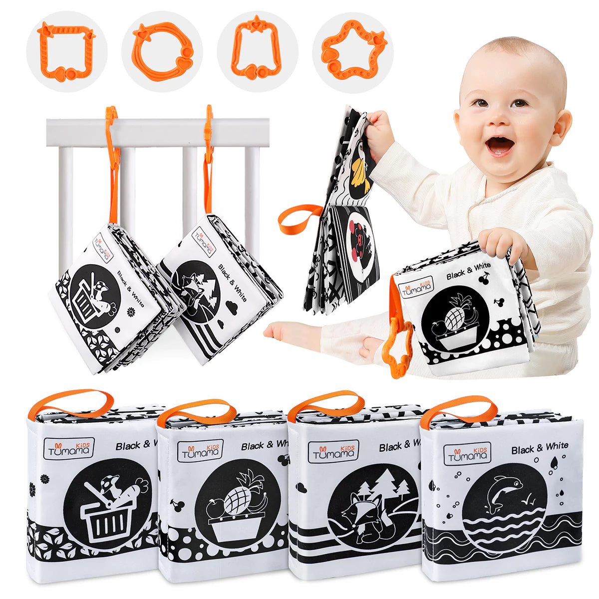 Baby book, my first crinkle books soft cloth toys, black and white activity busy books, animals, fruit, vegetable learning toy set for baby toddler 3 Month+