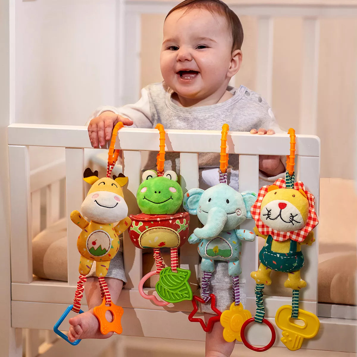 Baby hanging soft rattle toy frog deer elephant lion, stroller crib early development toy set for baby infant 0 Month+