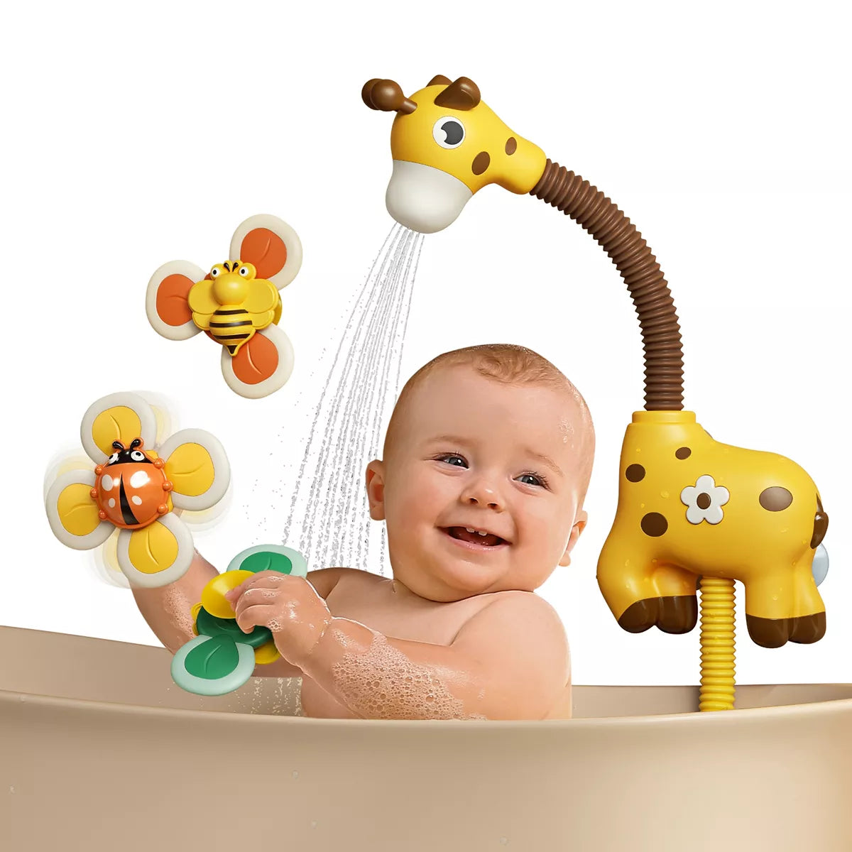Baby bath toy shower head with spinner toys wind up toys water slide, giraffe bathtub water pump for toddler 18 Months+