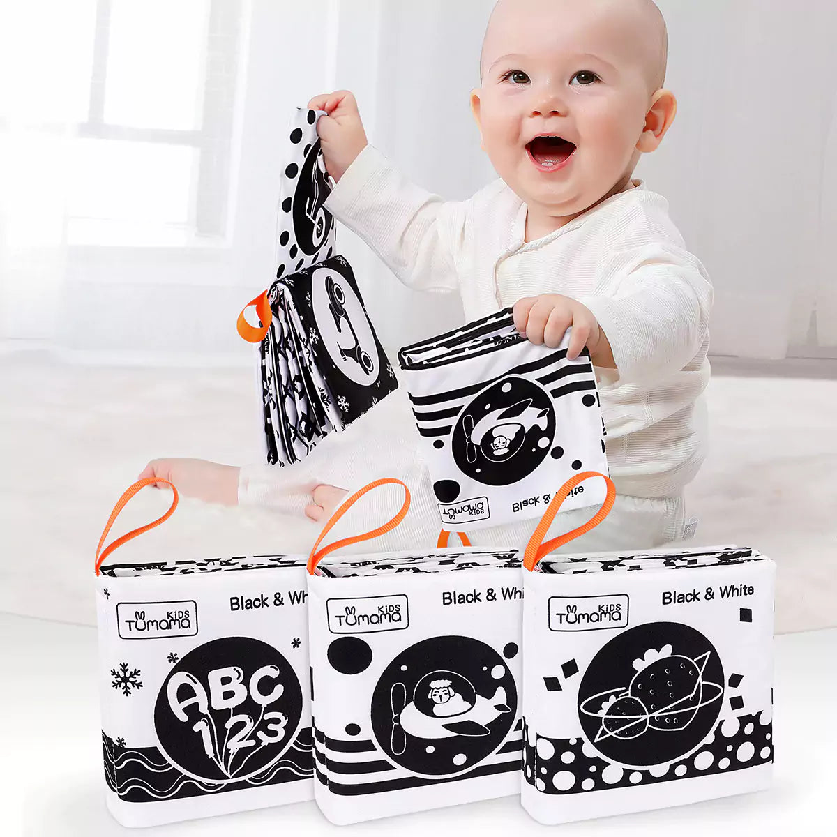 Black and white books, high contrast interactive crinkle soft book, early development toy set for newborn 0 Month+