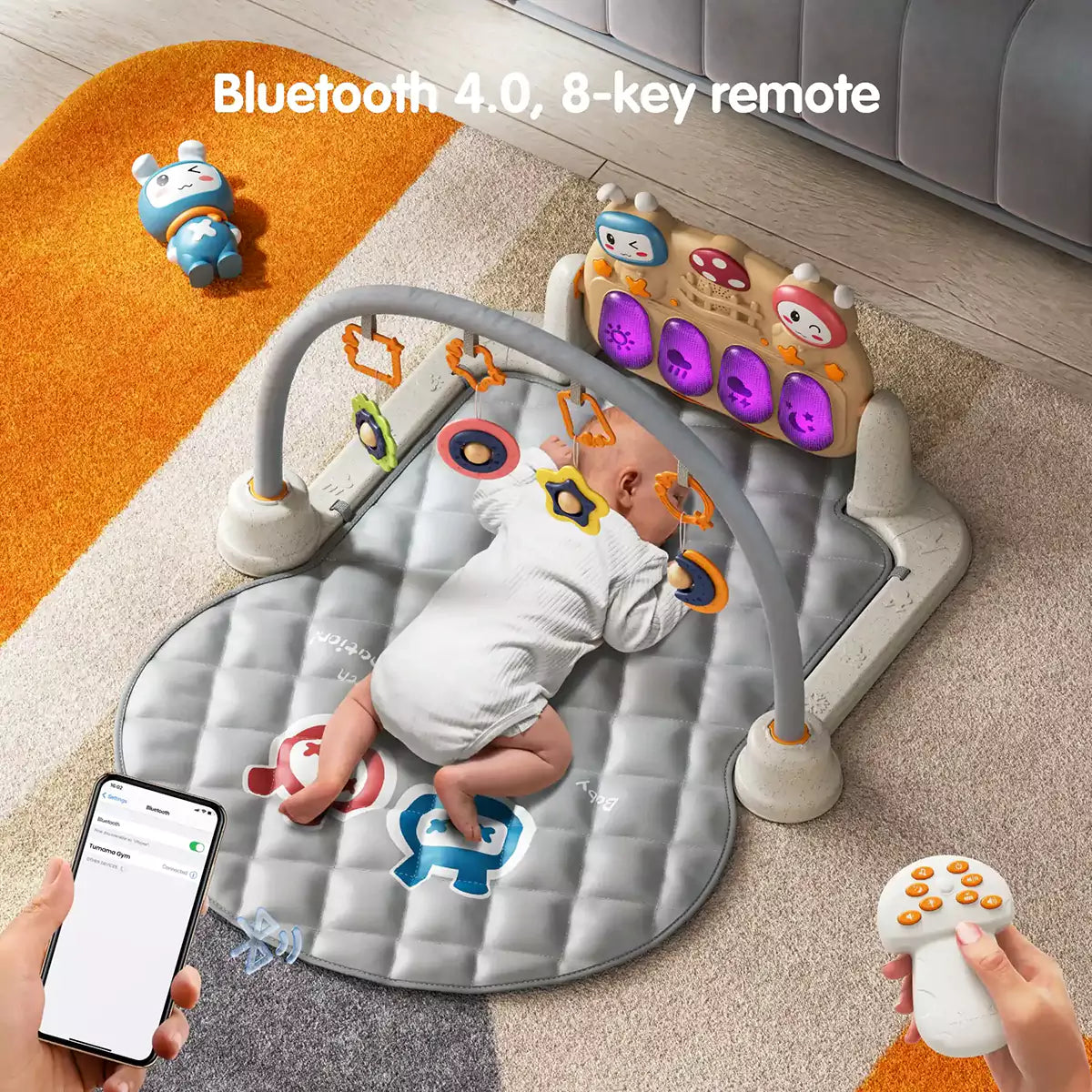 Baby gym playmat, floor play kick piano activity toy, bluetooth sleep soother with music light for newborn baby 0 Month+