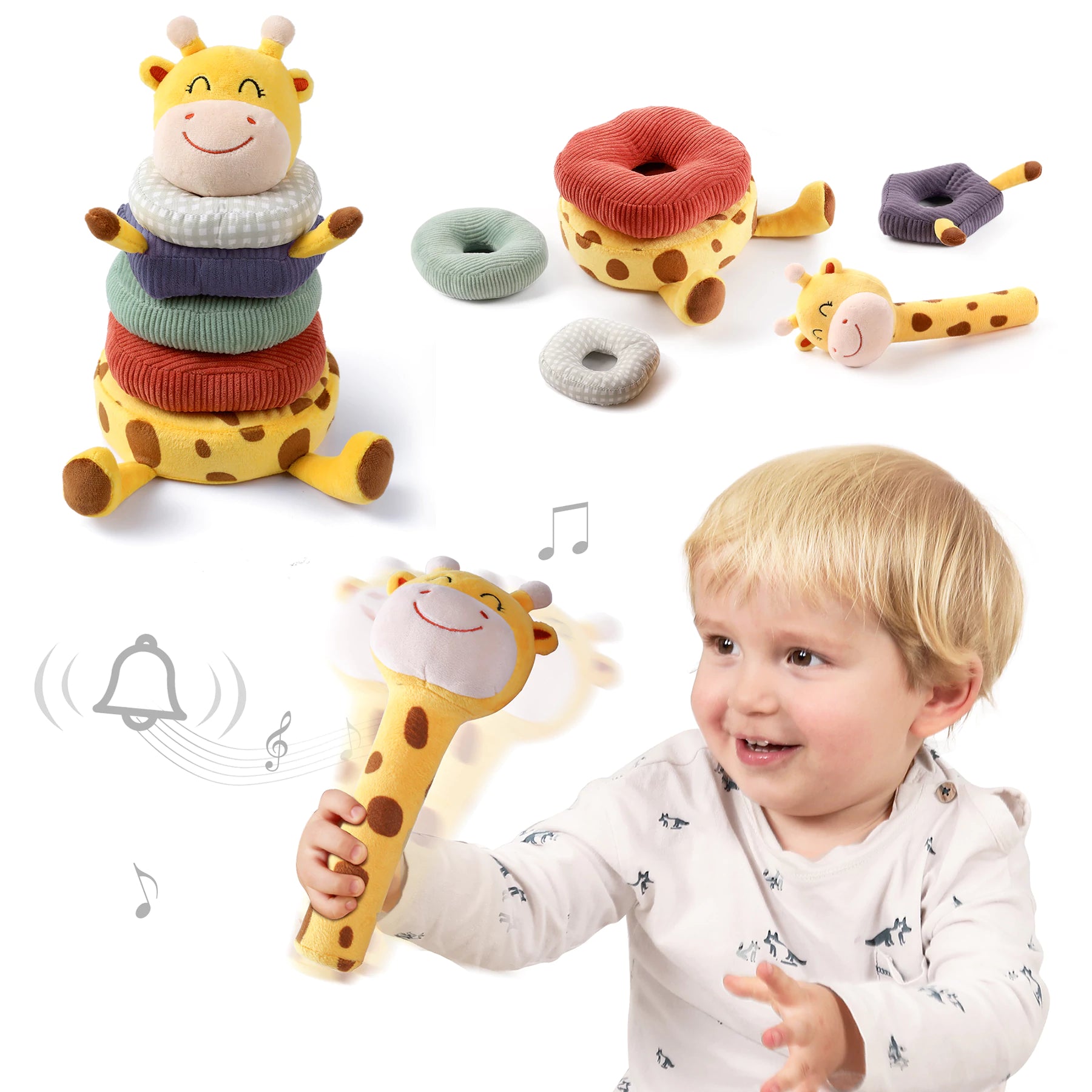 Plush stacking toy, montessori baby toy, soft giraffe stacking toys set, hand grip rattle for 0 Month babies toddler