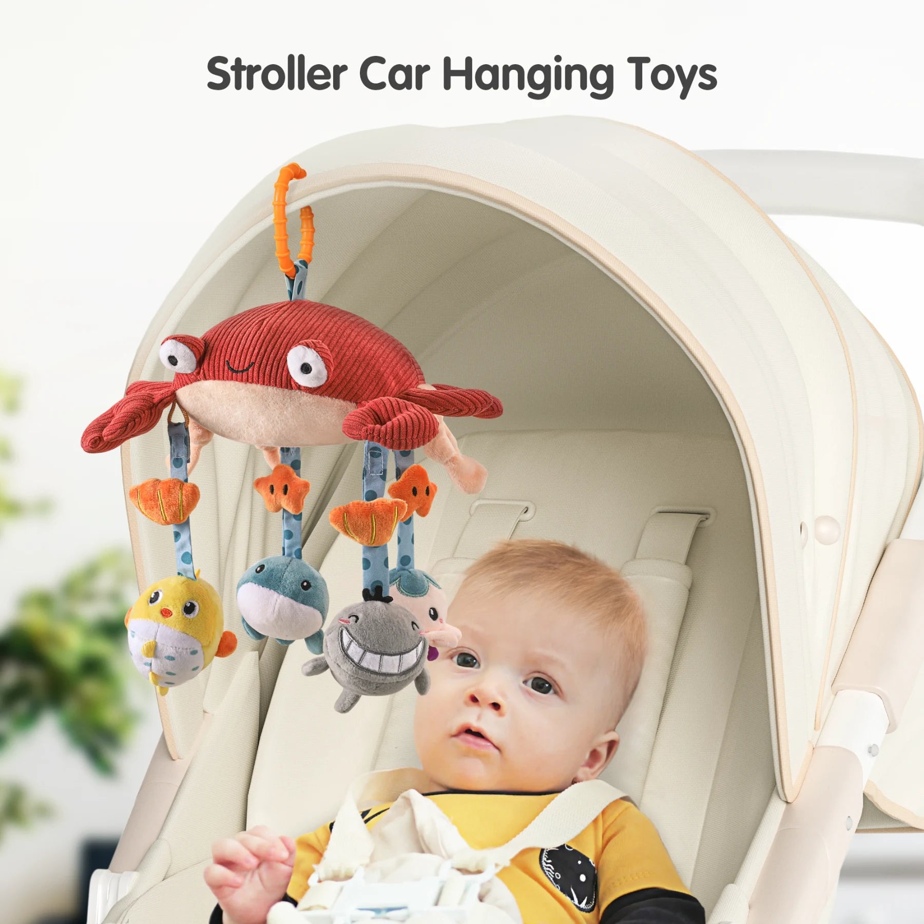 Baby toy crab hanging plush toy, crib car seat stroller cot travel toy with mirror, mobile soft rattle toy for baby infant 0 Month+