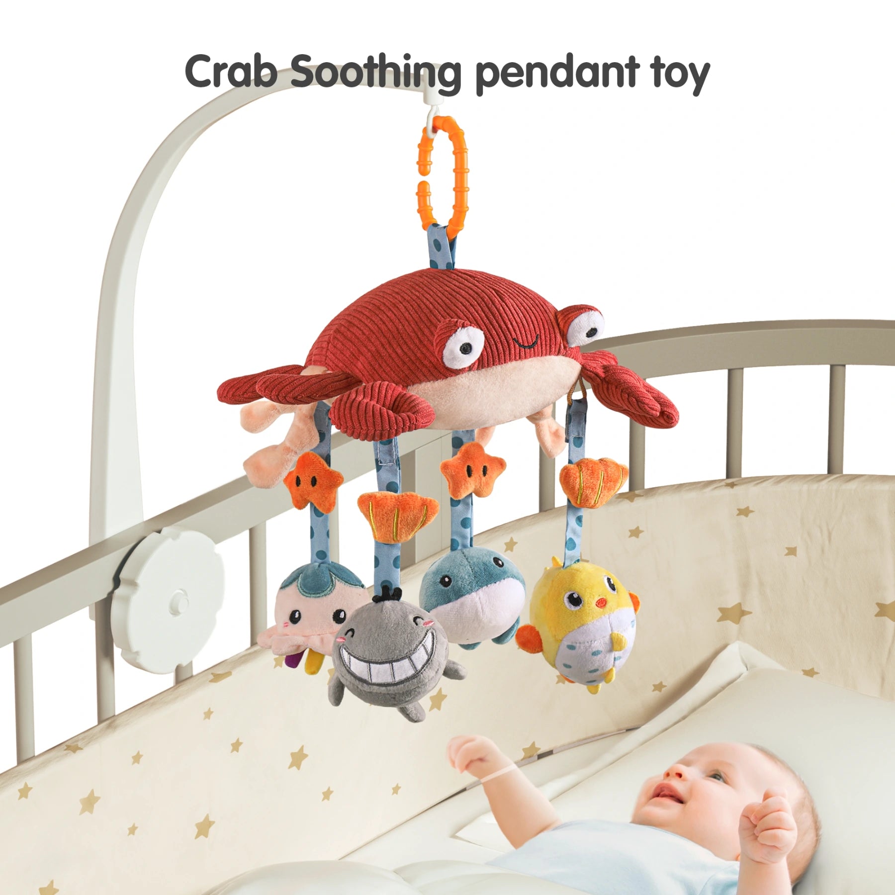 Baby toy crab hanging plush toy, crib car seat stroller cot travel toy with mirror, mobile soft rattle toy for baby infant 0 Month+