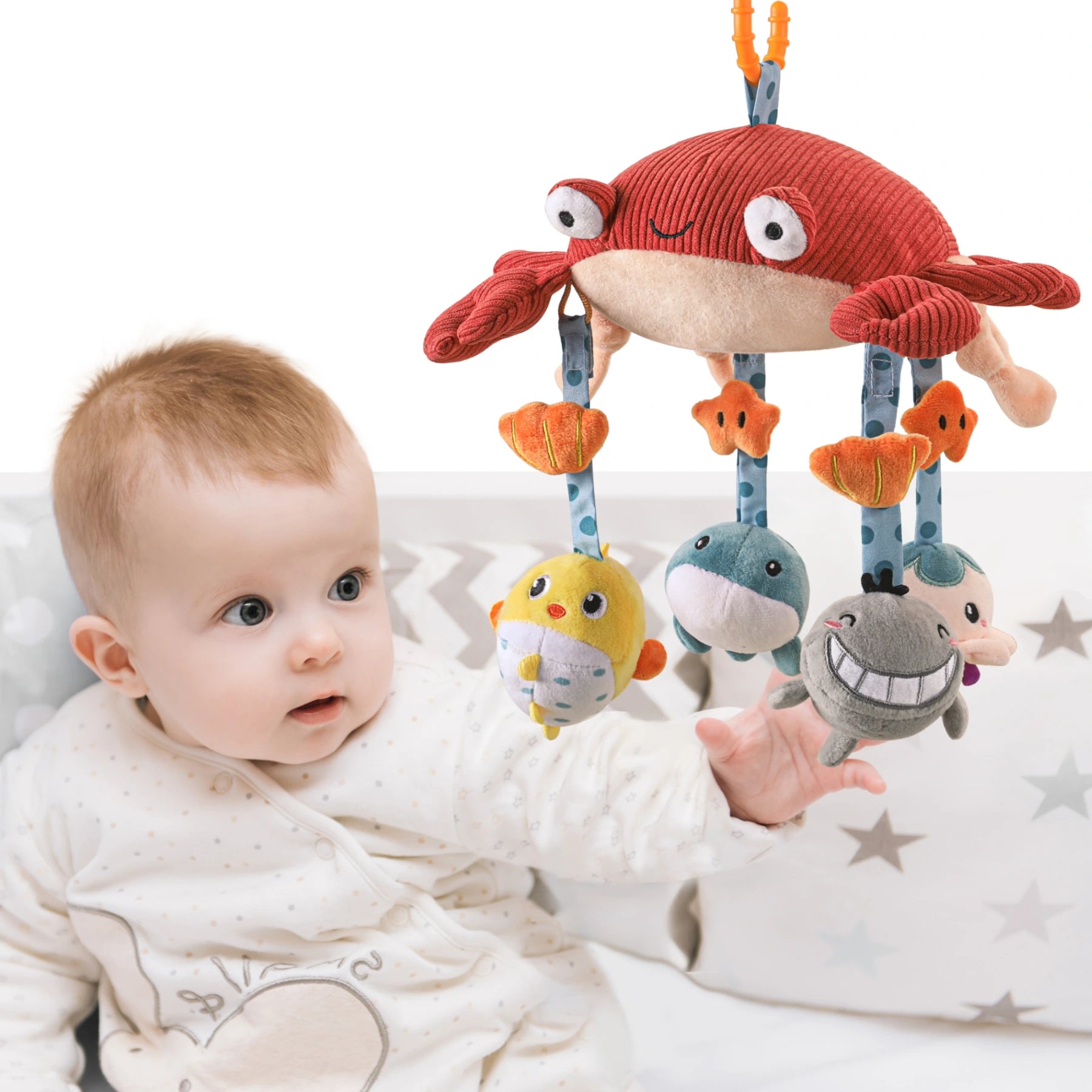 Baby toy crab hanging plush toy, crib car seat stroller cot travel toy with mirror, mobile soft rattle toy for baby infant 0 Month+